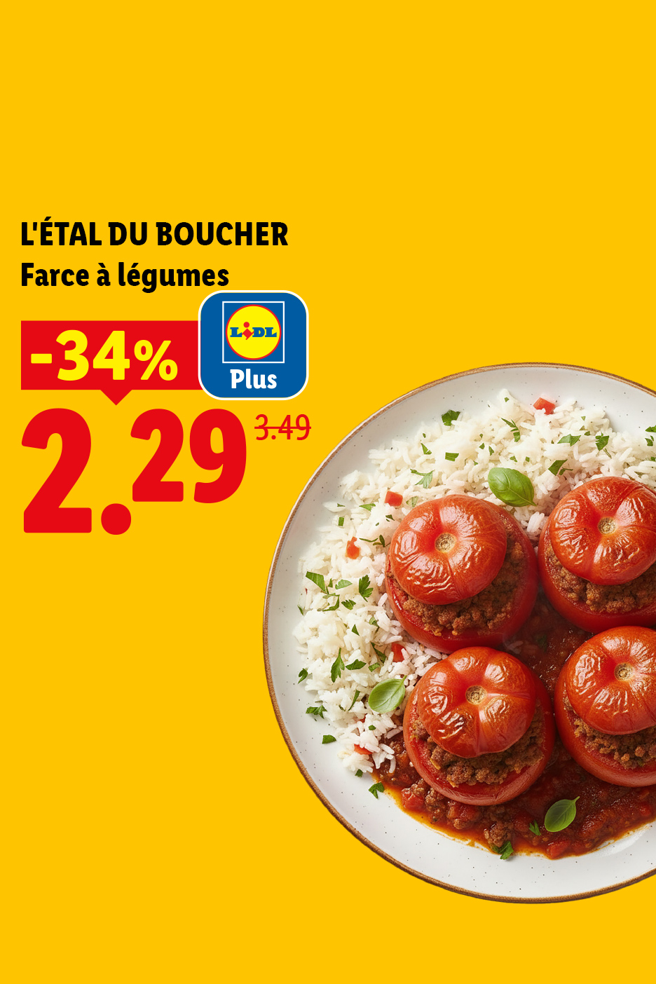 Tomates farcies aux légumes avec du riz, en promotion à 2,29€ au lieu de 3,49€.