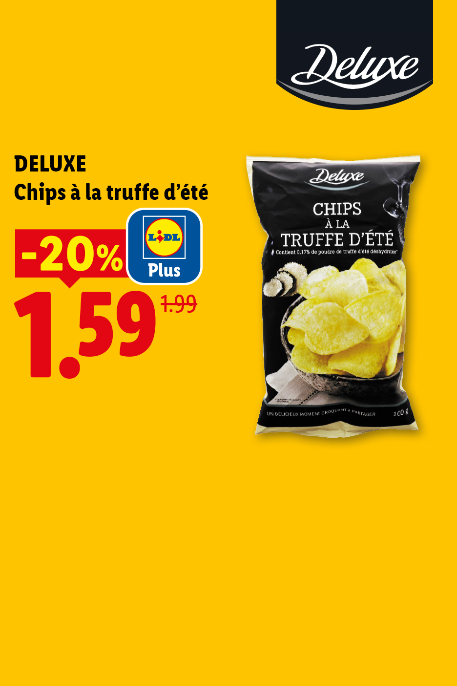 Publicité pour des chips à la truffe d'été, avec une réduction de 20% et un prix de 1,59€.