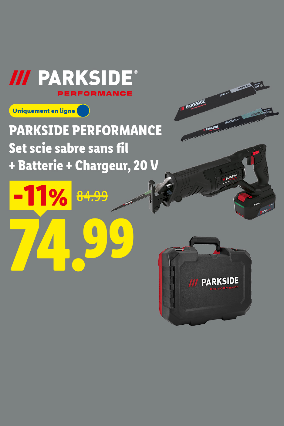 Scie sabre sans fil avec batterie et chargeur, 20 V, en promotion à 74,99 €.