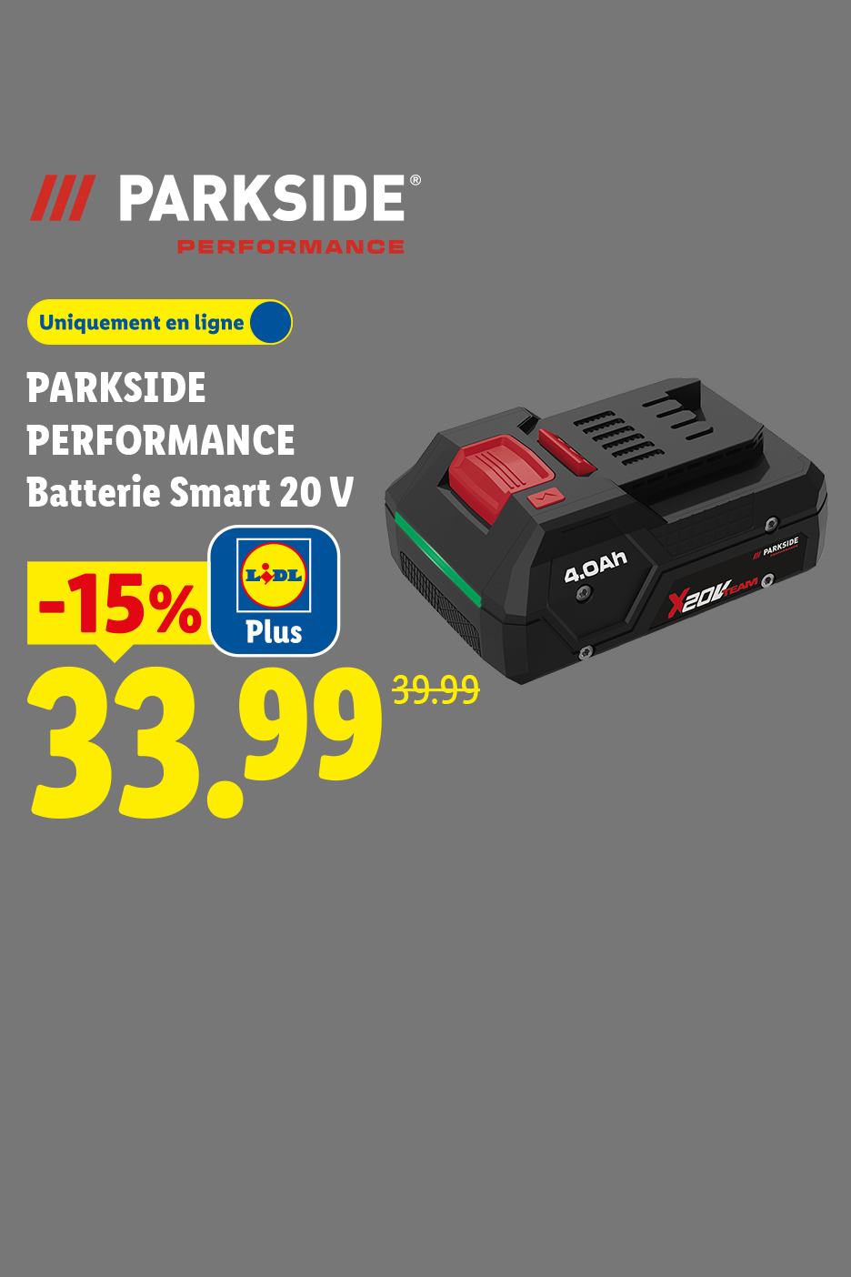 Batterie Smart 20 V avec une réduction de 15%, prix final 33,99€.