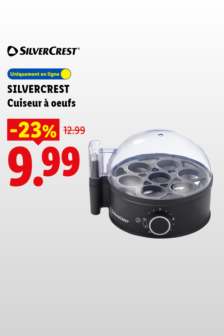 Cuiseur à œufs noir avec couvercle transparent, affichant une réduction de 23% à 9,99€.