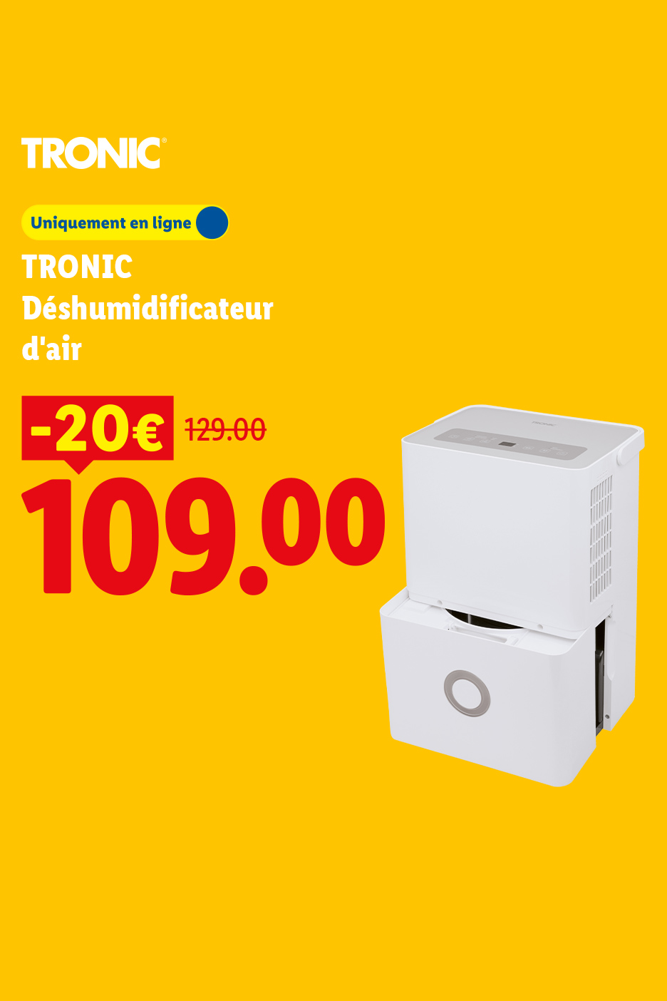 Déshumidificateur d'air blanc avec une réduction de 20€, prix final 109€.
