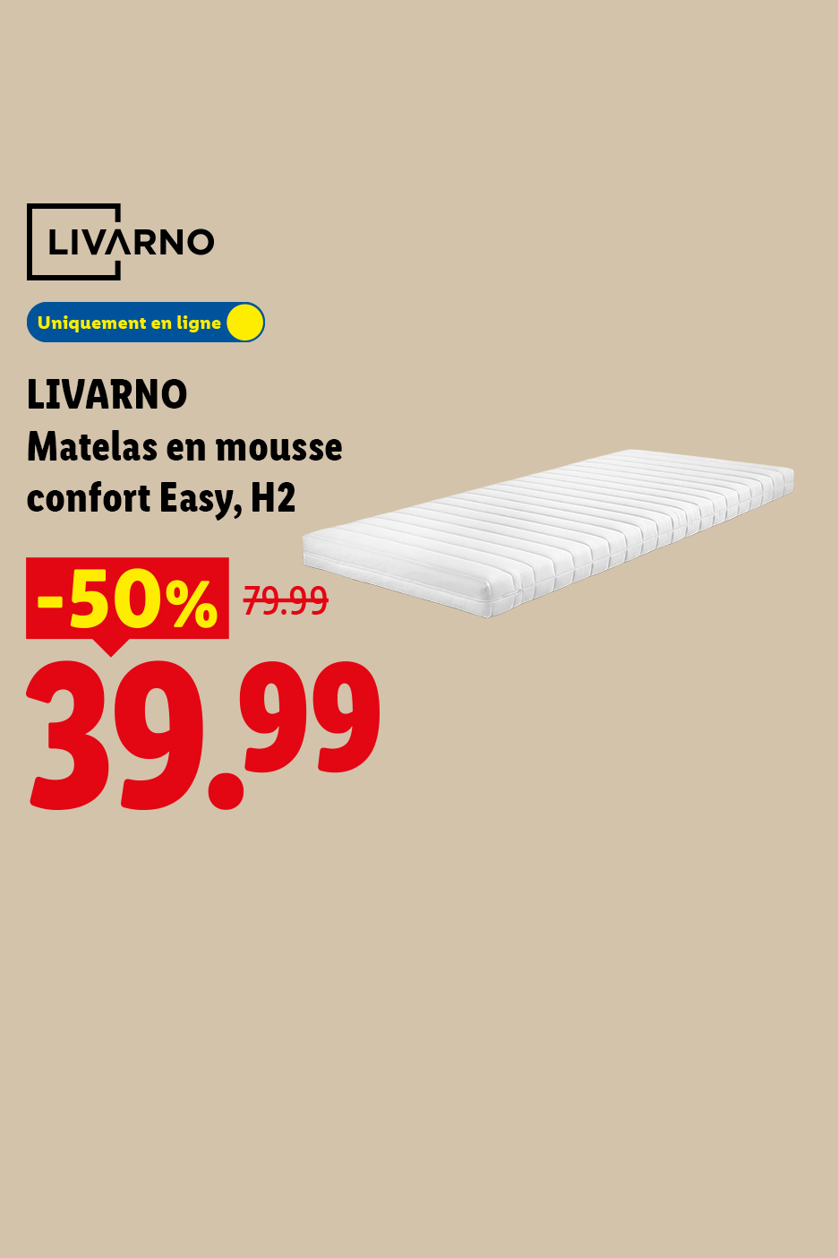 Matelas en mousse confort Easy, H2, avec 50% de réduction, prix final 39.99.
