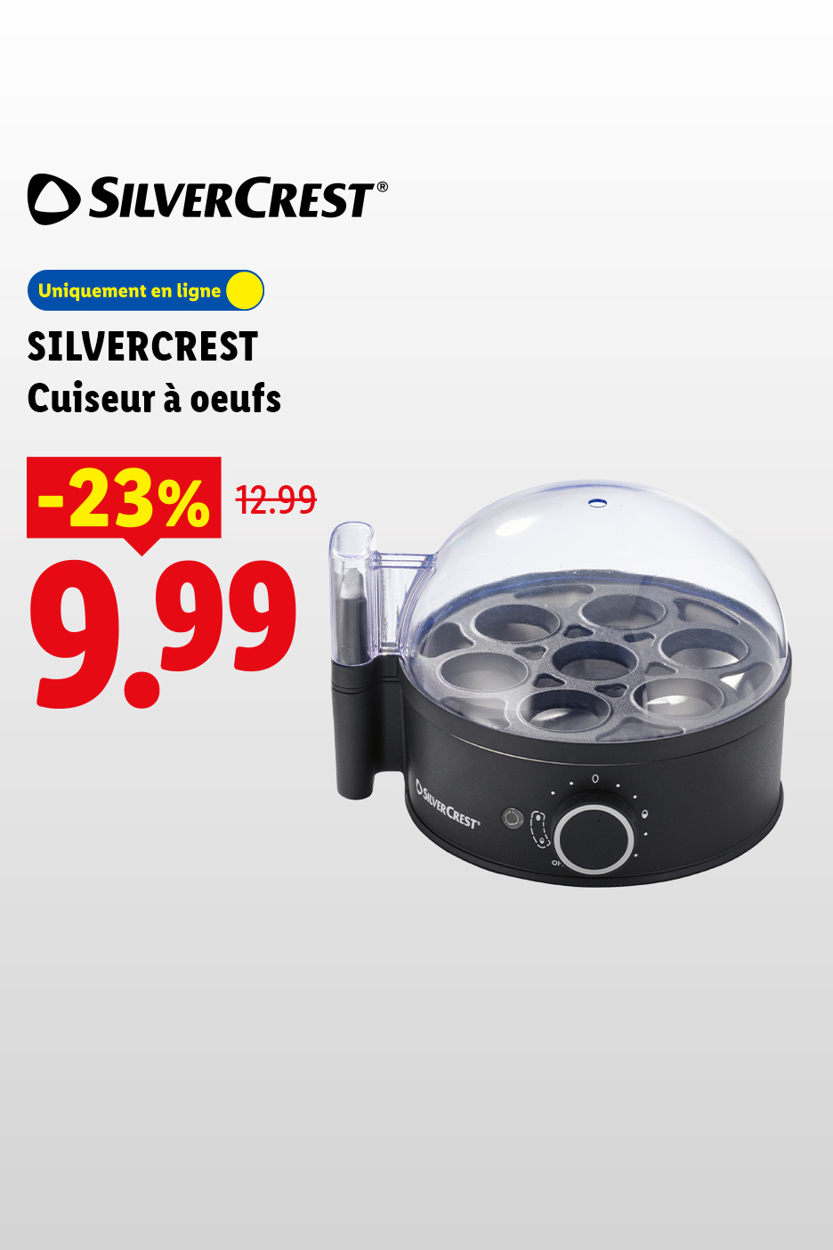 Cuiseur à œufs en promotion à 9,99€, réduction de 23% sur 12,99€, disponible en ligne.