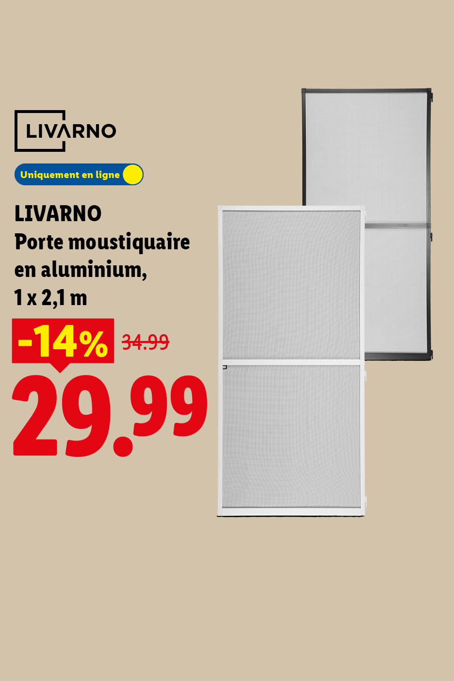 Porte moustiquaire en aluminium, 1 x 2,1 m, en ligne, avec une réduction de 14% de 34,99 à 29,99.