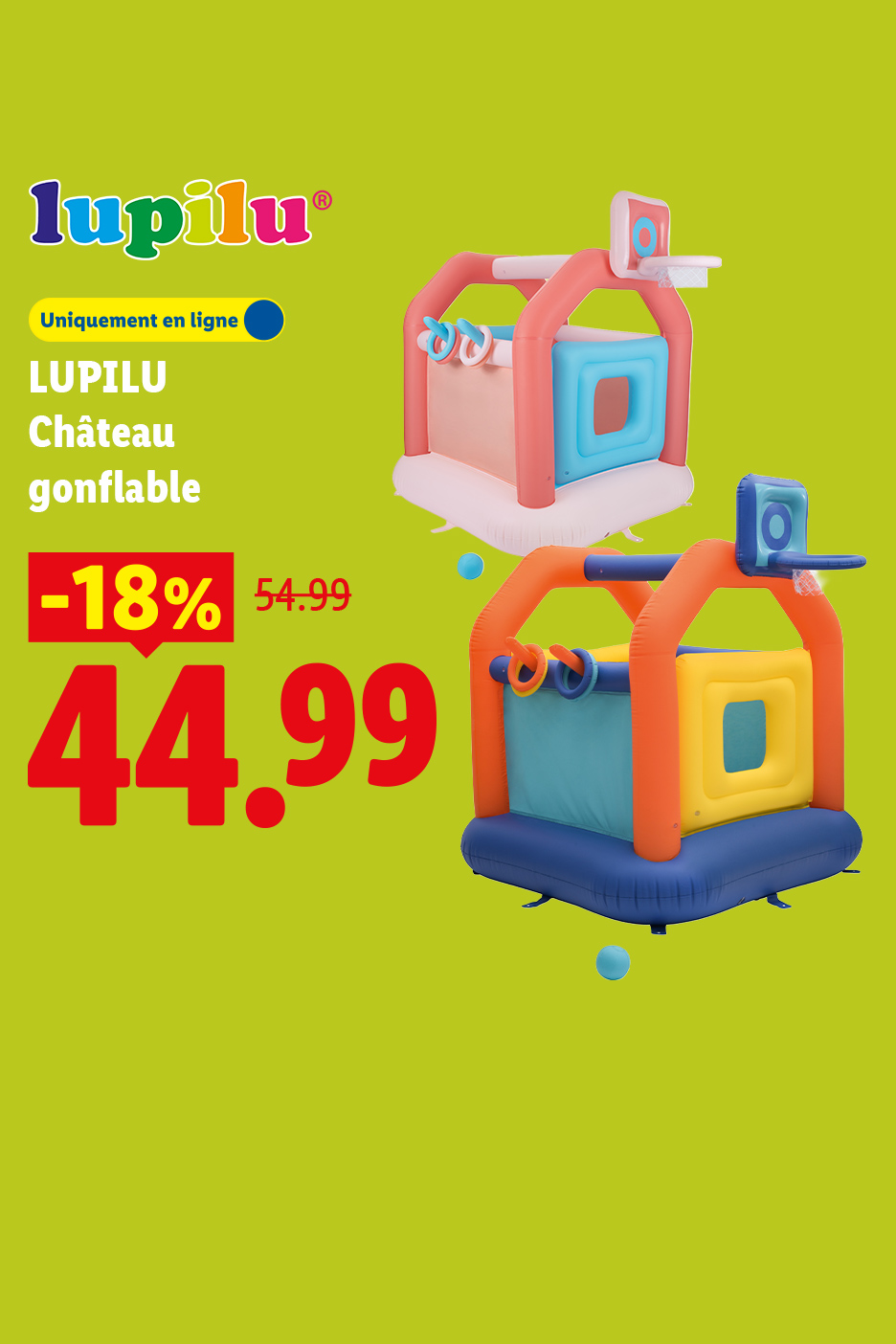 Château gonflable pour enfants avec panier de basket, en promotion à 44,99€.