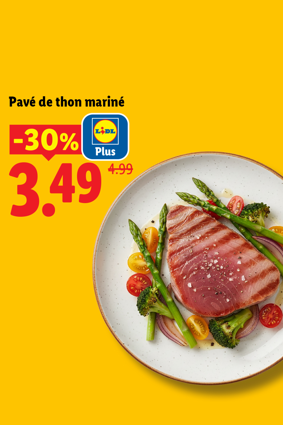 Pavé de thon mariné avec légumes, en promotion à 3,49 (au lieu de 4,99).
