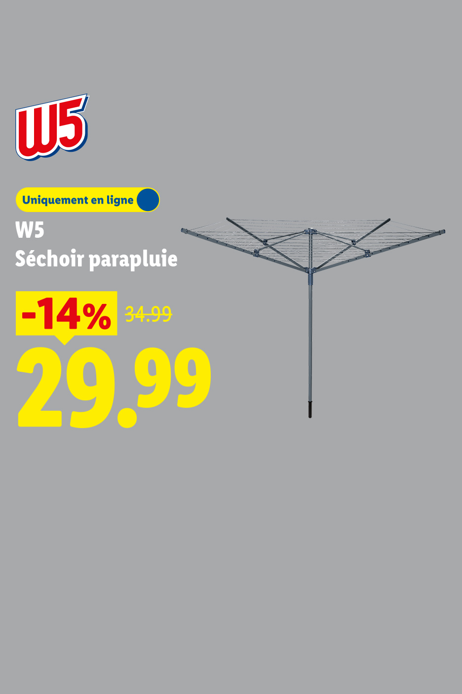 Séchoir parapluie en promotion à 29,99€, avec une réduction de 14% sur le prix initial de 34,99€.