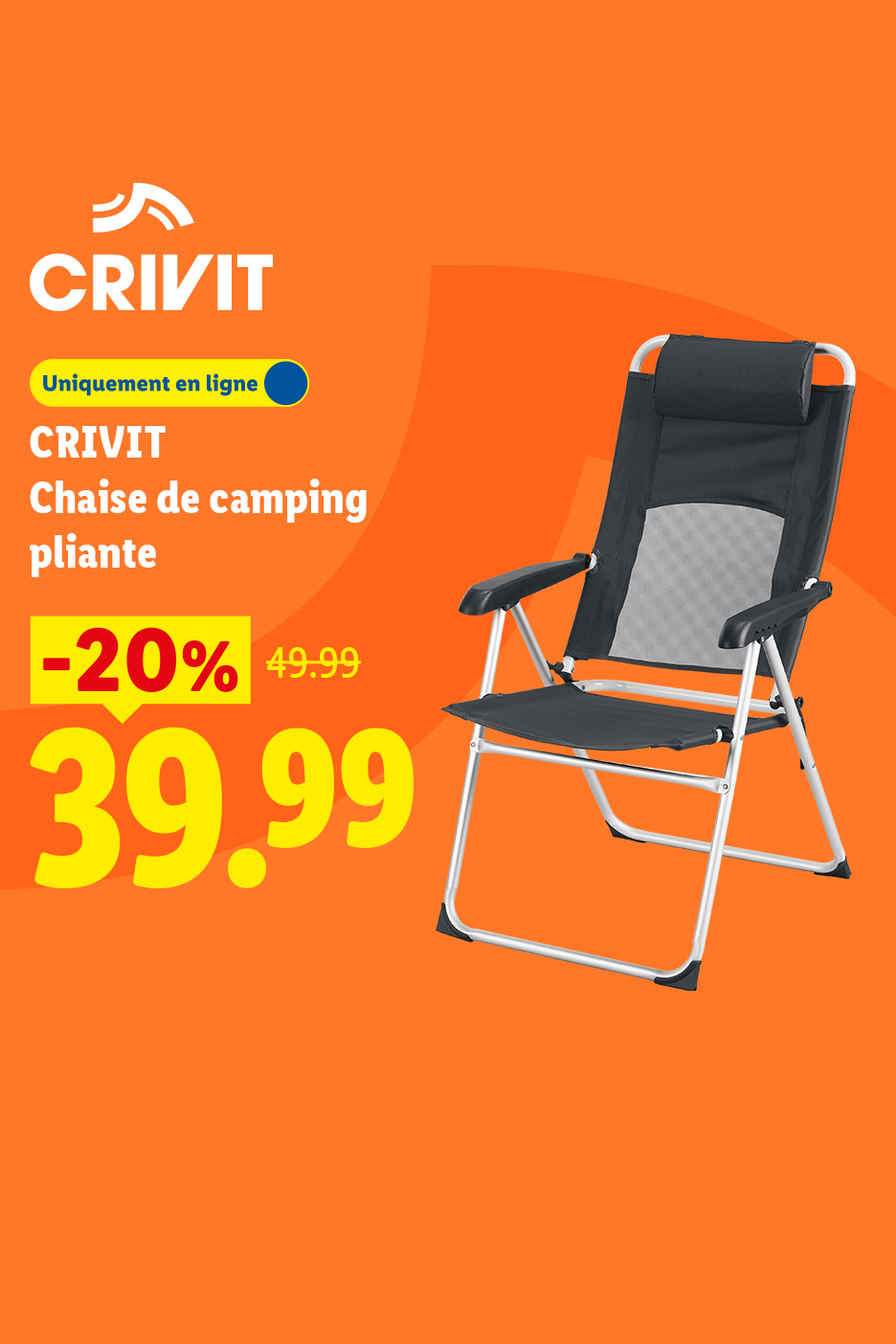 Chaise de camping pliable noire avec une réduction de 20%, prix final 39.99.