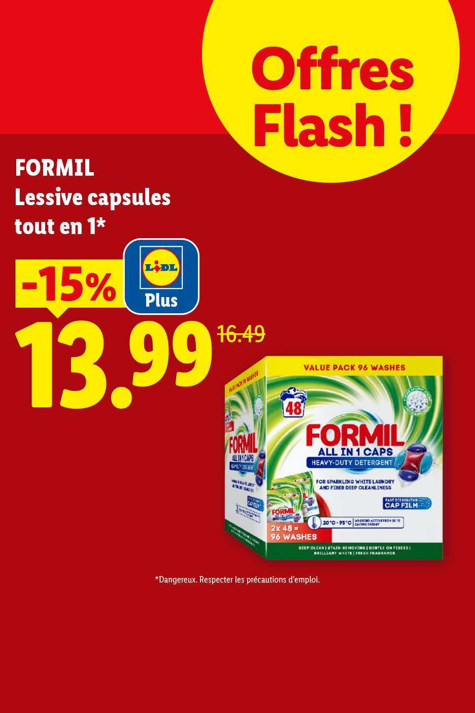 Offre Flash sur les capsules de lessive tout-en-un, avec une réduction de 15% sur le pack de 96 lavages.