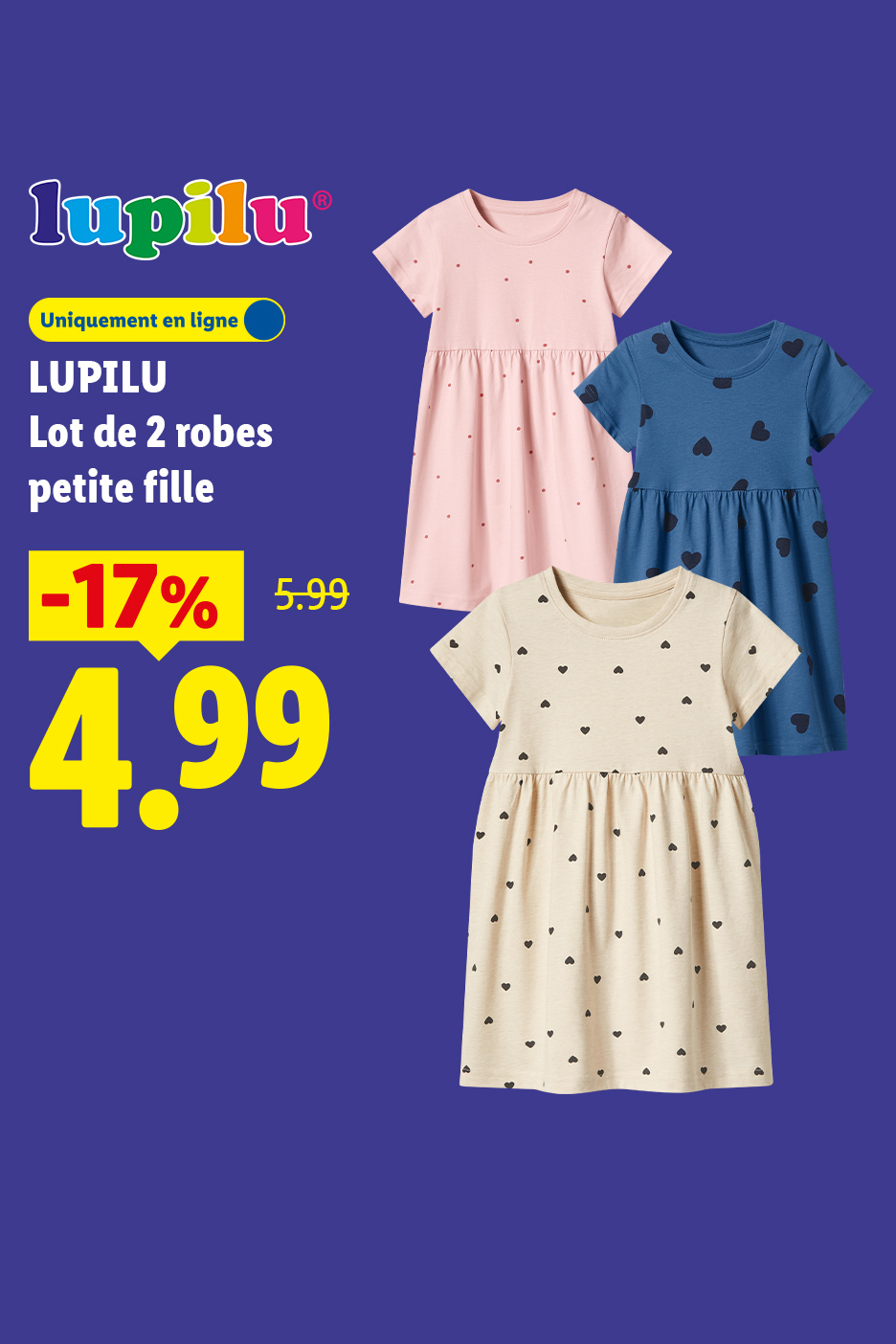 Trois robes pour petite fille, une rose à pois, une bleue à cœurs et une beige à cœurs, avec une offre de -17% à 4,99€.