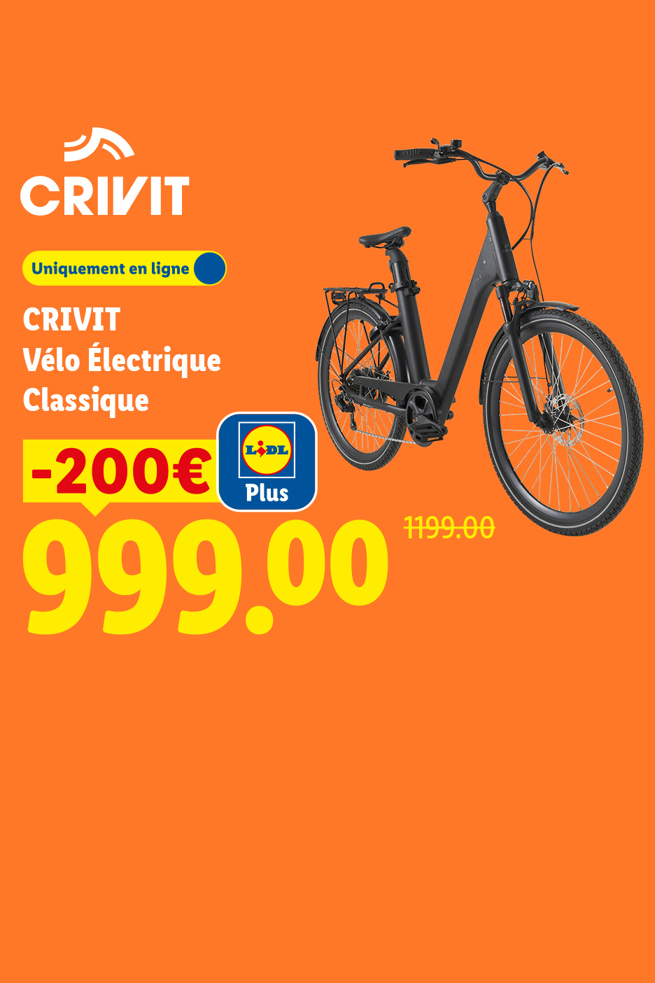 Un vélo électrique classique noir en promotion, affiché à 999,00€ au lieu de 1199,00€.
