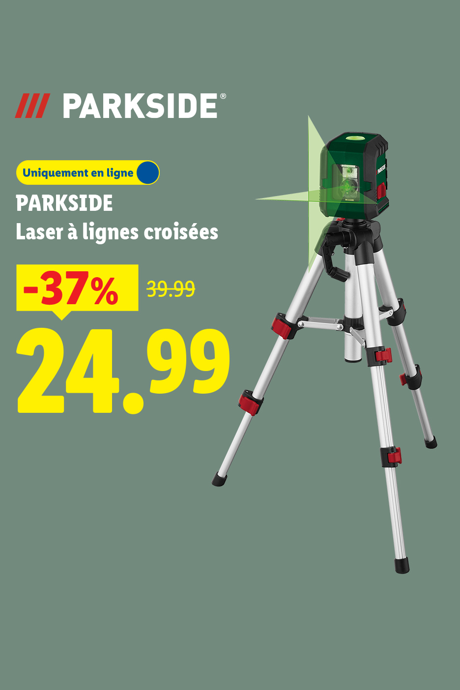 Laser à lignes croisées sur trépied, en promotion à 24.99€ au lieu de 39.99€.