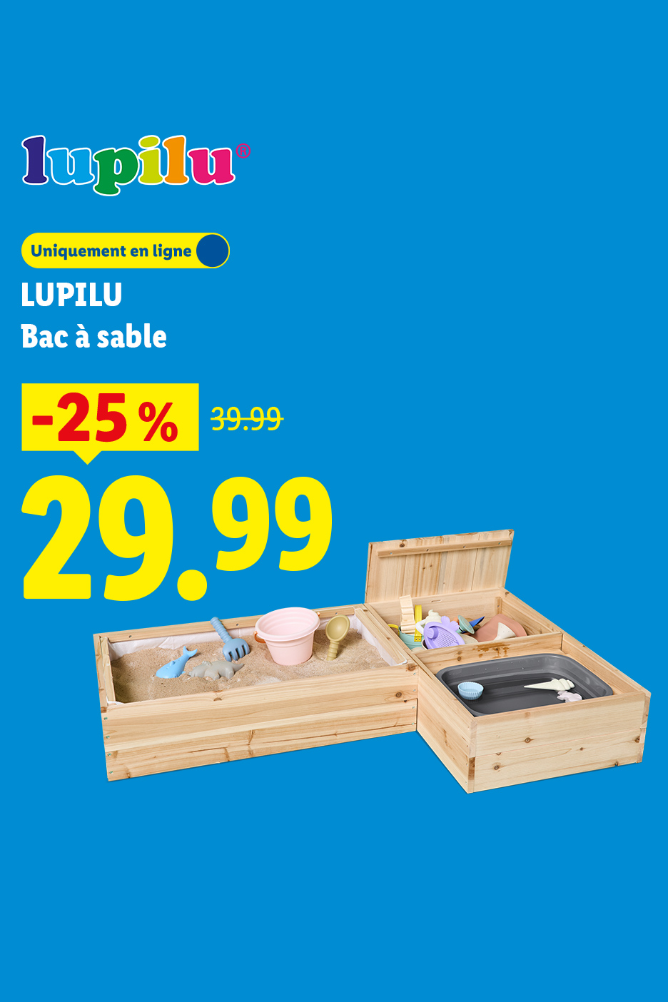 Bac à sable en bois avec accessoires, en promotion à 29,99€ au lieu de 39,99€.
