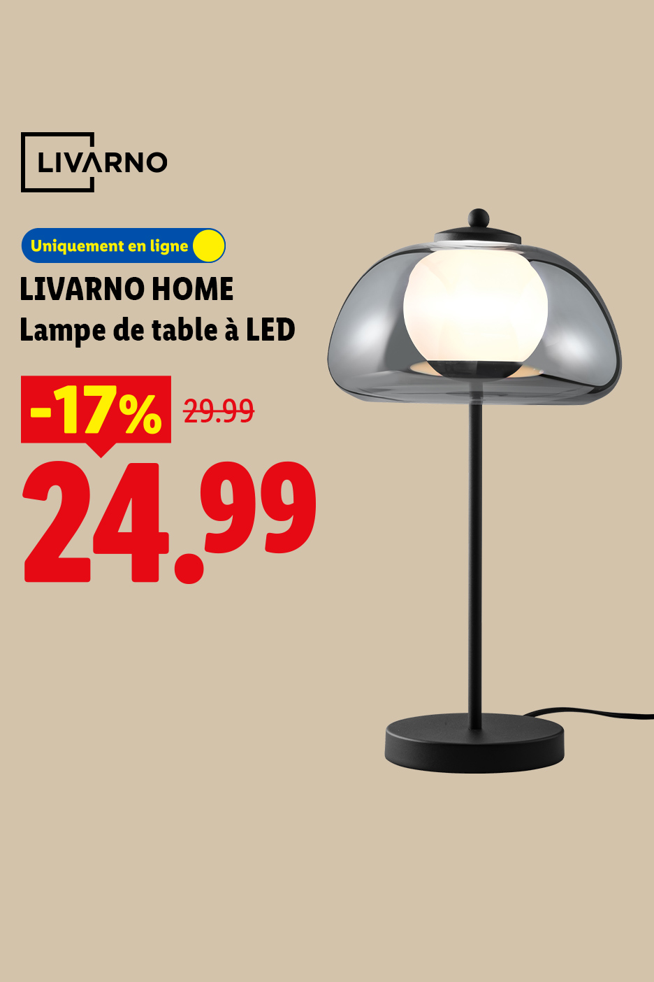 Lampe de table à LED noire avec abat-jour en verre fumé, en promotion à 24,99 €.