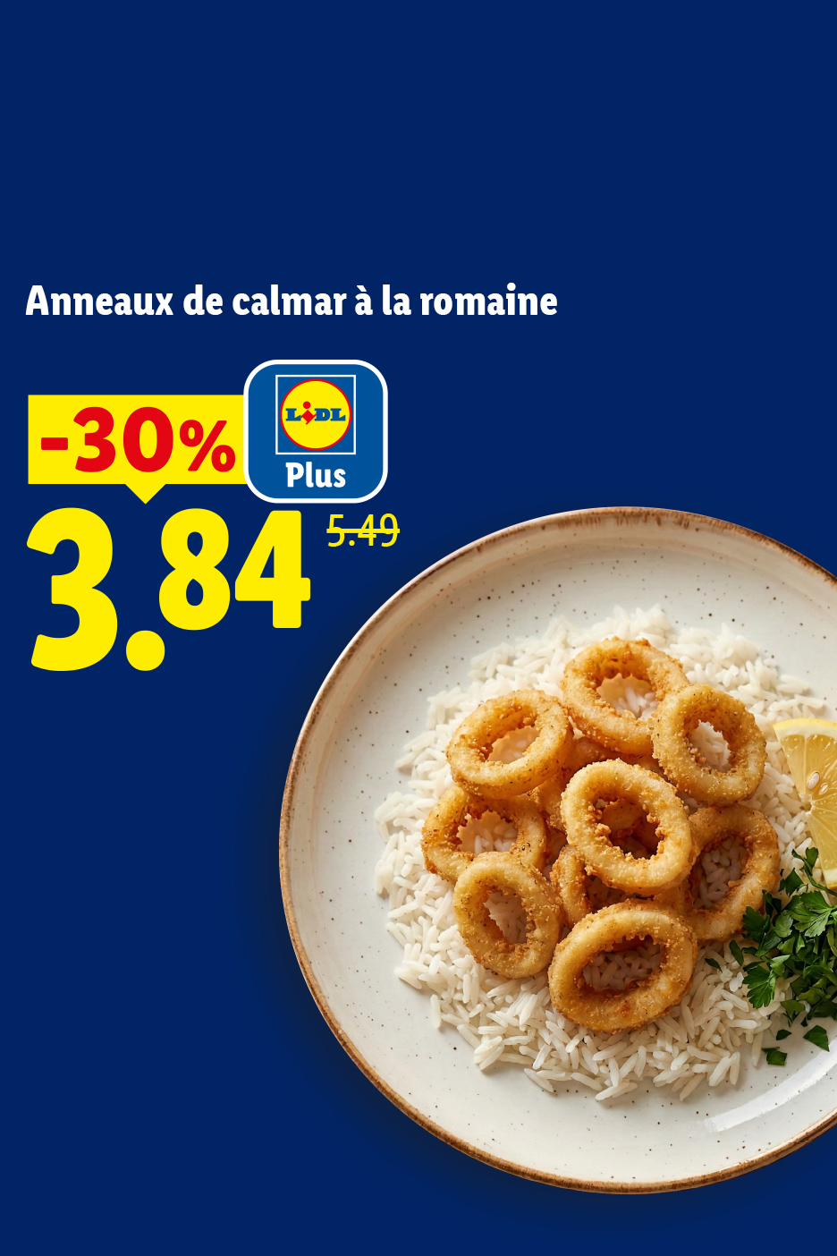 Anneaux de calmar à la romaine avec riz, citron et persil, -30% à 3,84€ au lieu de 5,49€.