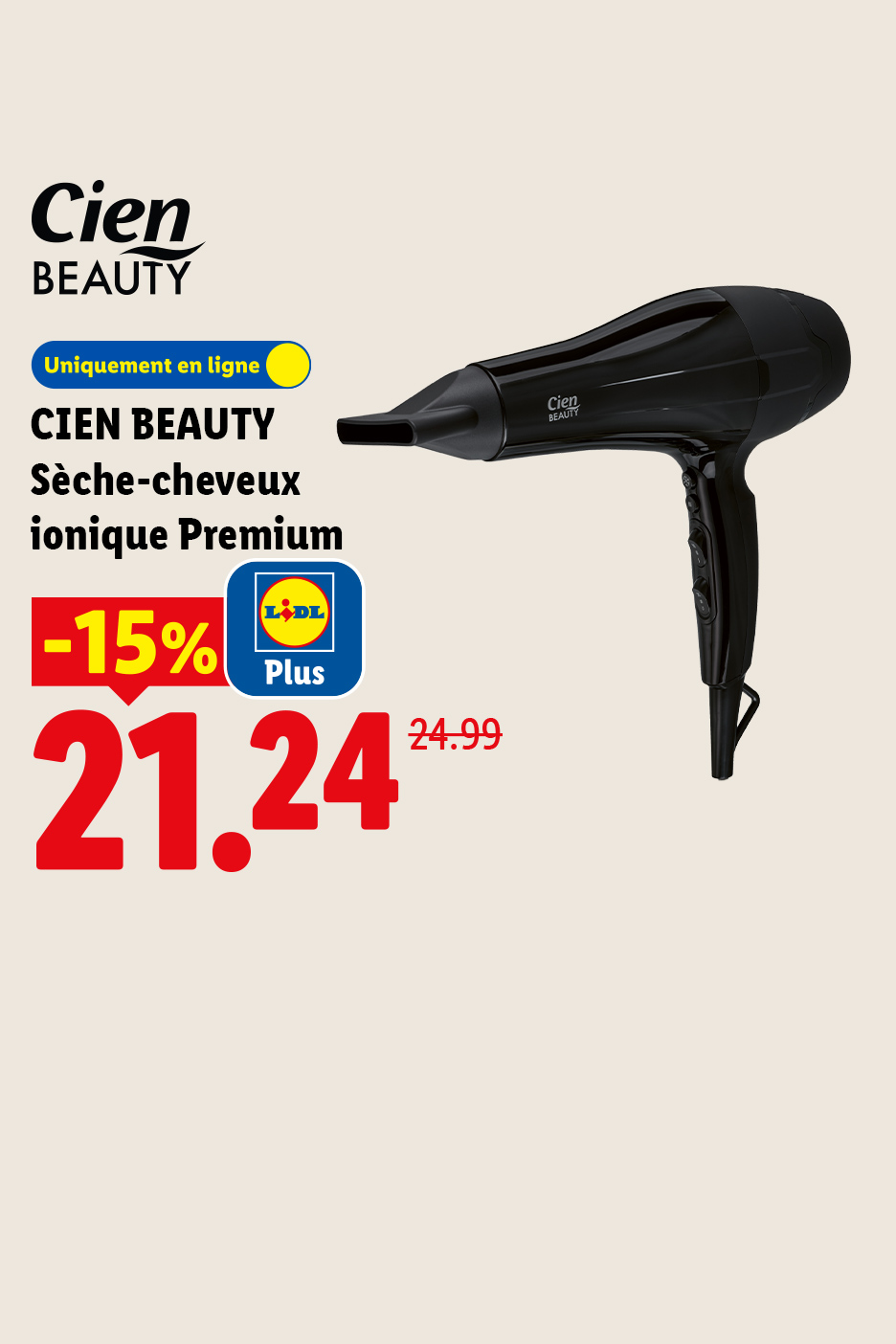 Sèche-cheveux ionique noir en promotion à 21,24€, disponible uniquement en ligne.