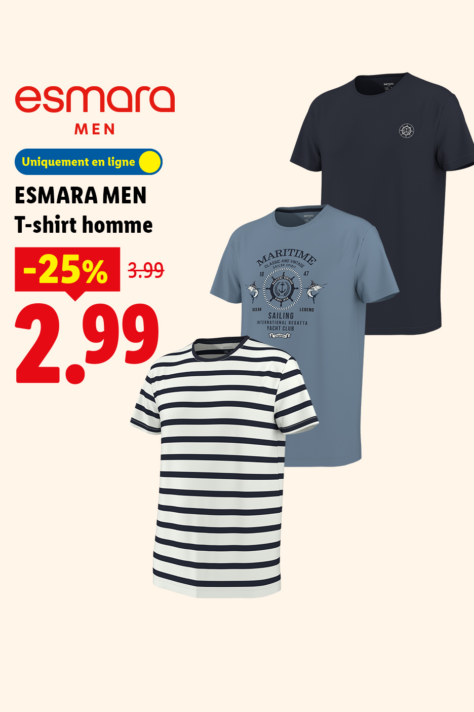 Trois t-shirts pour homme, dont un rayé, un bleu avec motif maritime et un bleu marine uni, en promotion à 2,99€.