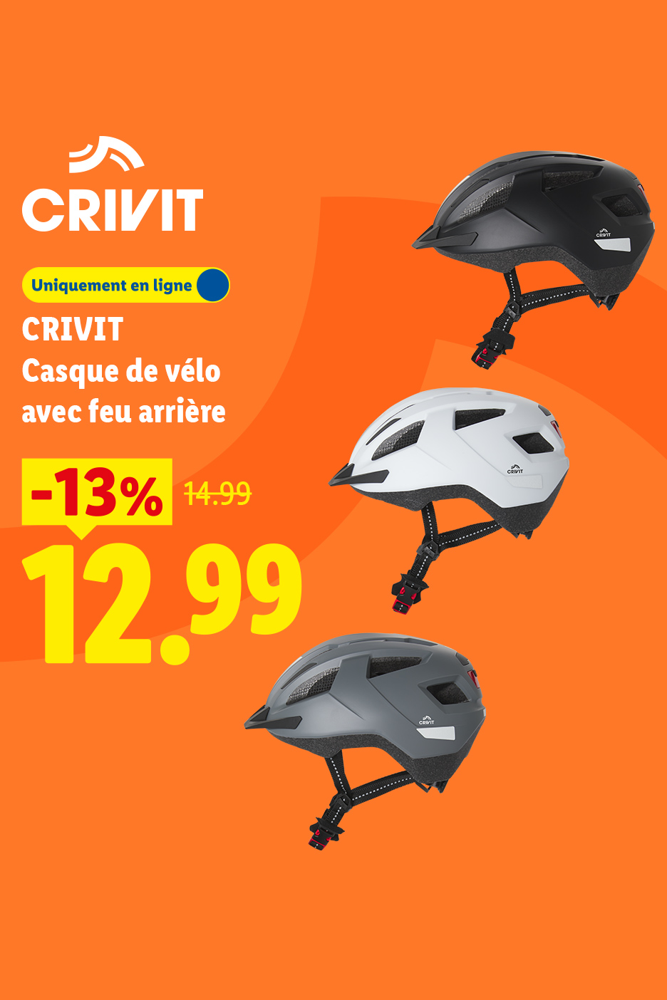 Trois casques de vélo de couleurs différentes avec feu arrière, en promotion à 12,99 €.