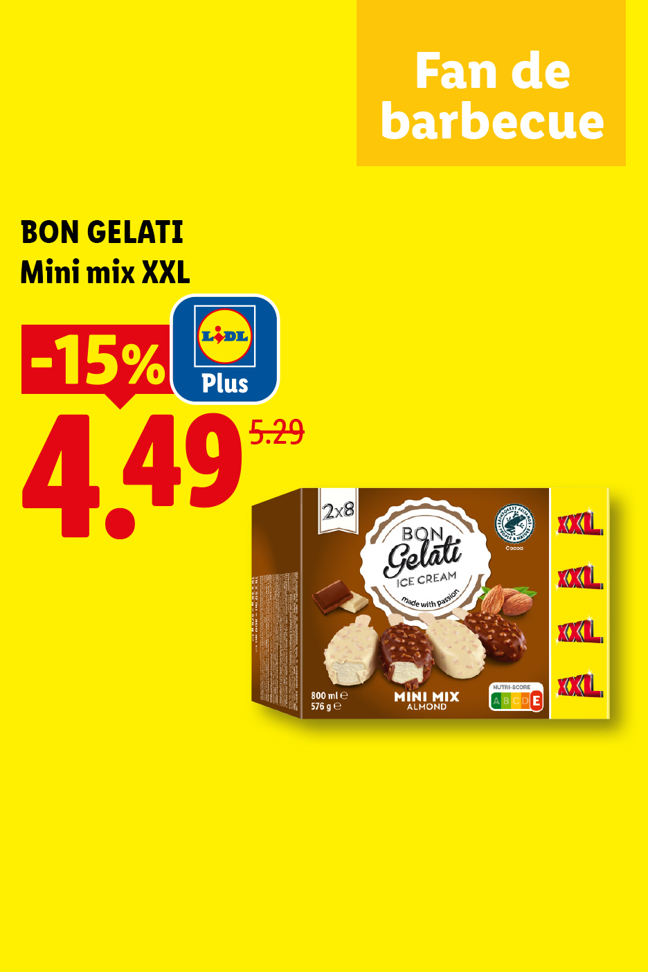 Publicité pour des glaces en bâtonnets saveur amande, avec une réduction de 15% avec Lidl Plus