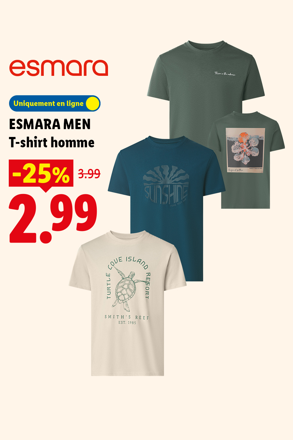 Quatre t-shirts pour hommes, dont un vert foncé, un bleu, un beige et un vert clair, avec des motifs variés.
