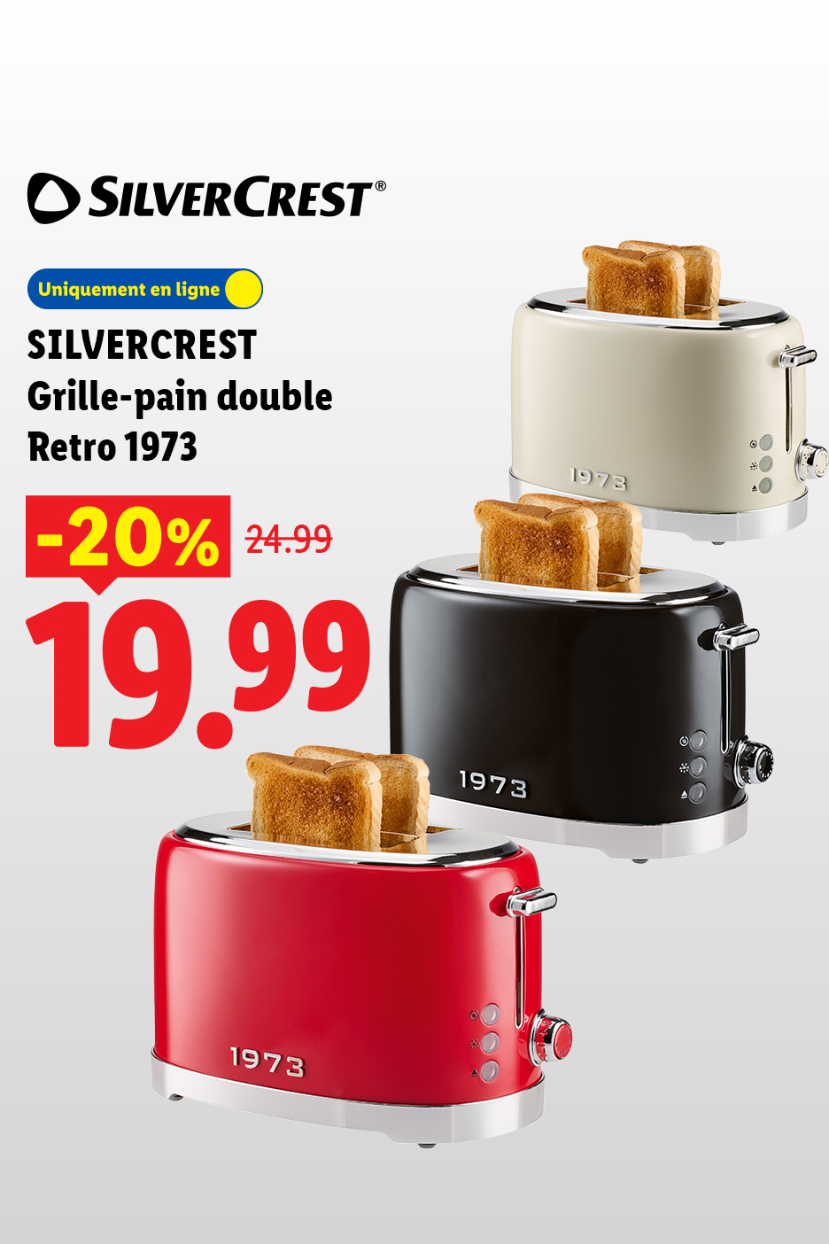 Trois grille-pains doubles rétro de couleurs crème, noir et rouge, avec une offre de -20%.