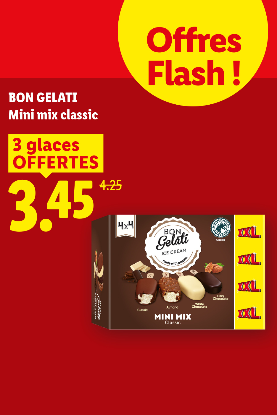 Offre flash sur les mini-bâtonnets de glace classiques, 3 offerts, à 3,45€ au lieu de 4,25€.