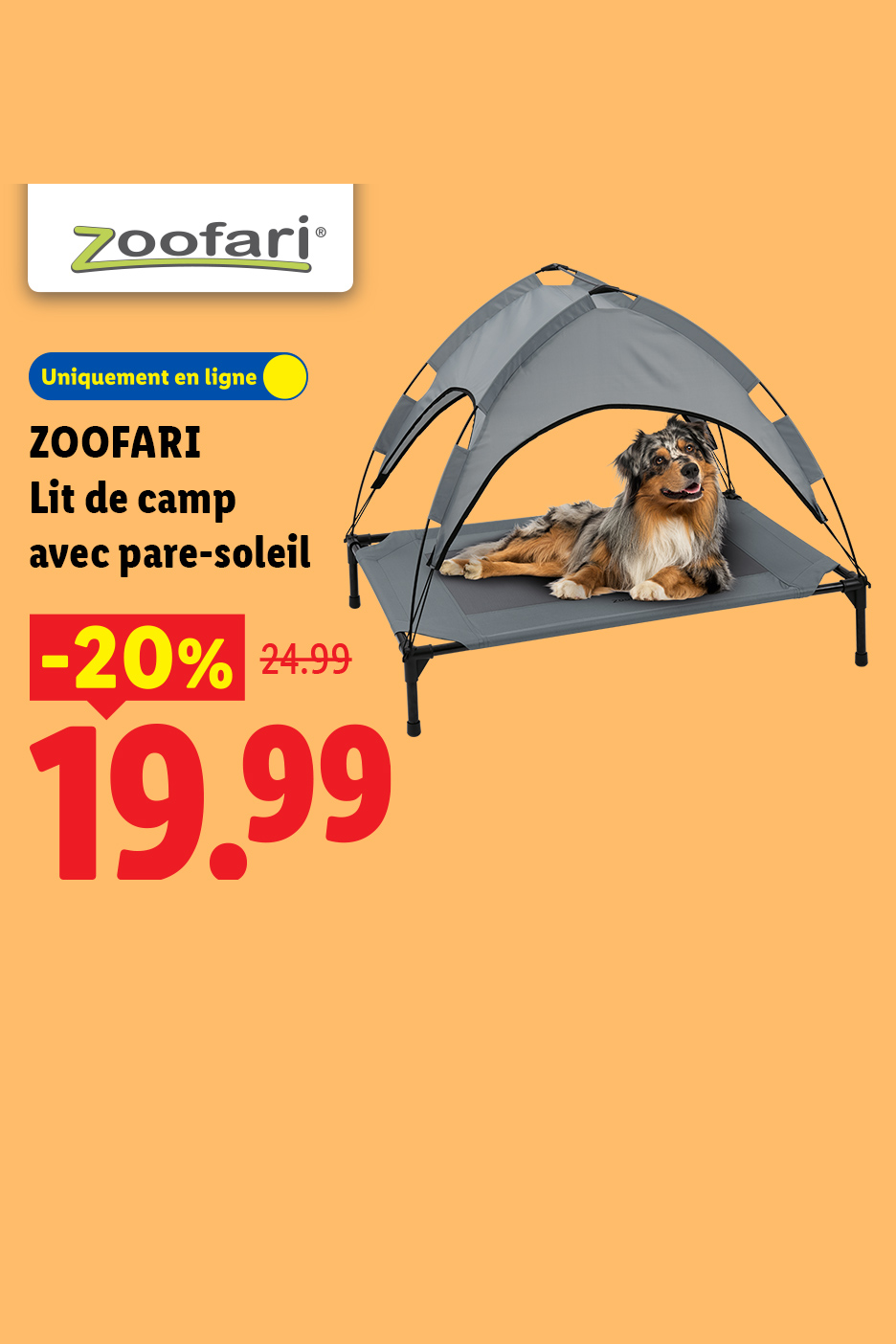 Un lit de camp pour chien avec pare-soleil, en promotion à 19,99 € au lieu de 24,99 €.