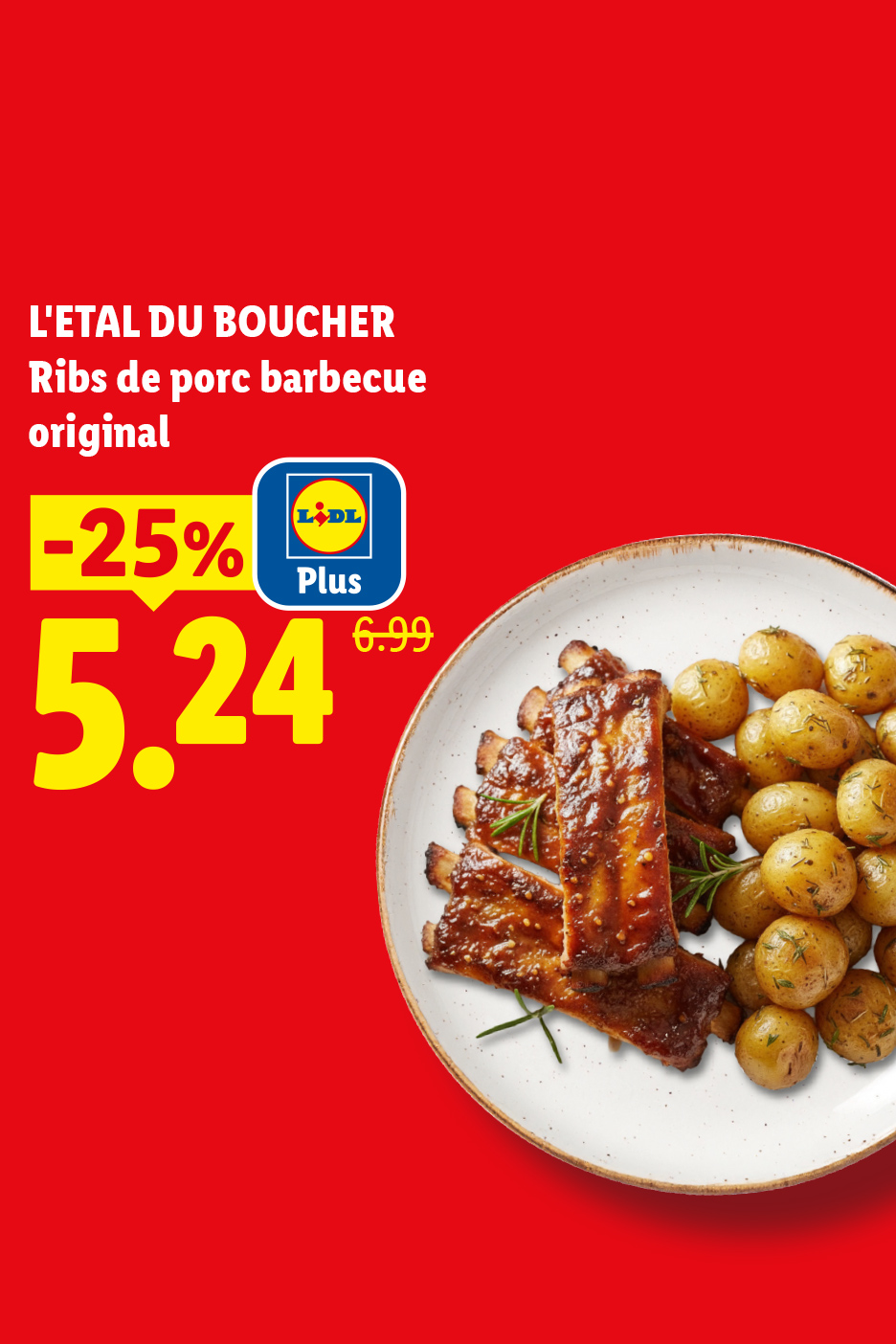 Jusqu'au 29/04, profitez de ribs de porc barbecue à 5,24€ grâce à -25% avec Lidl Plus