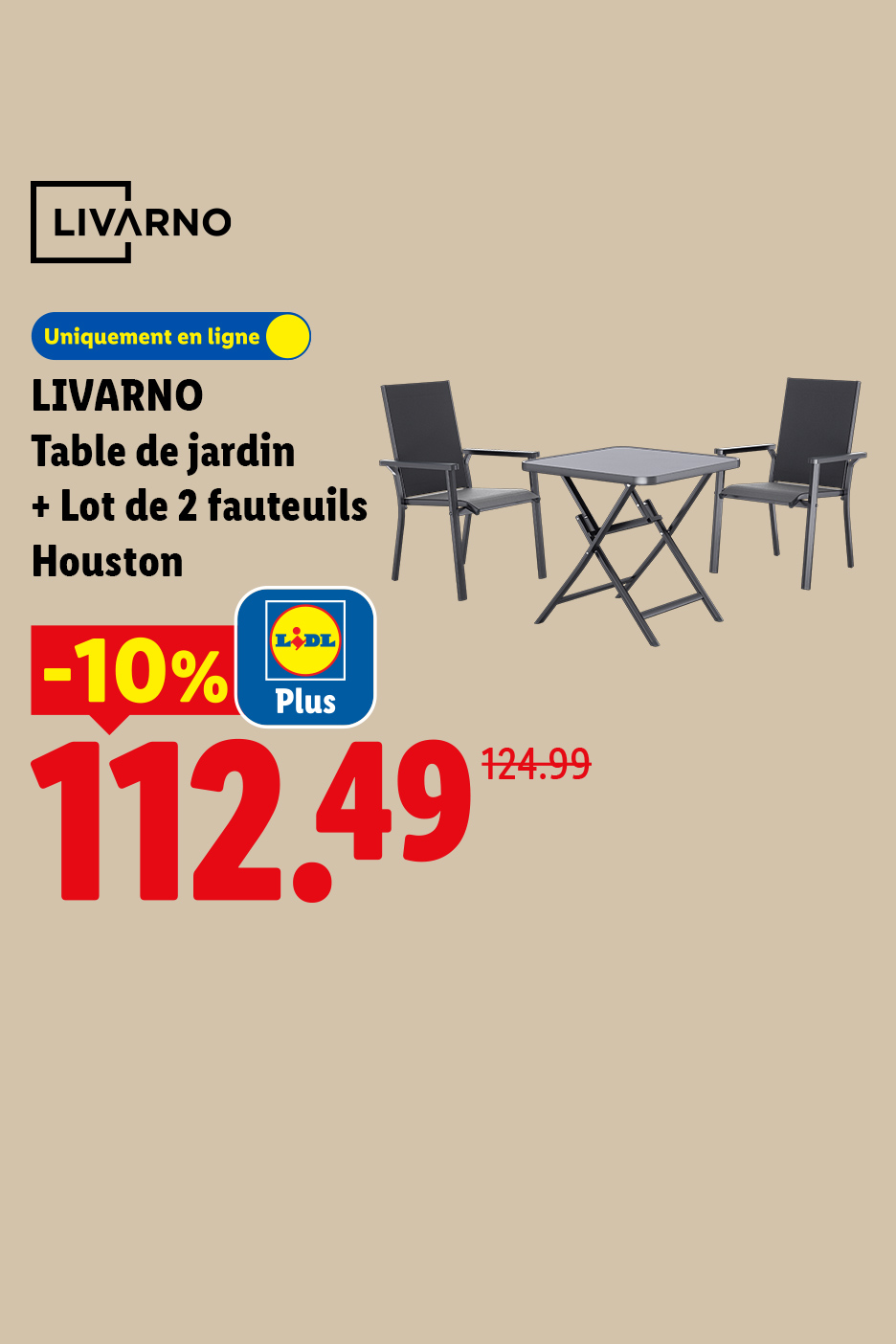 Ensemble de table de jardin et deux fauteuils Houston, avec une réduction de 10% avec Lidl Plus