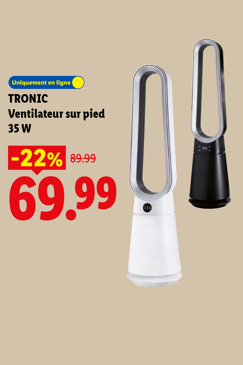 Deux ventilateurs sur pied, un blanc et un noir, avec une réduction de 22%.