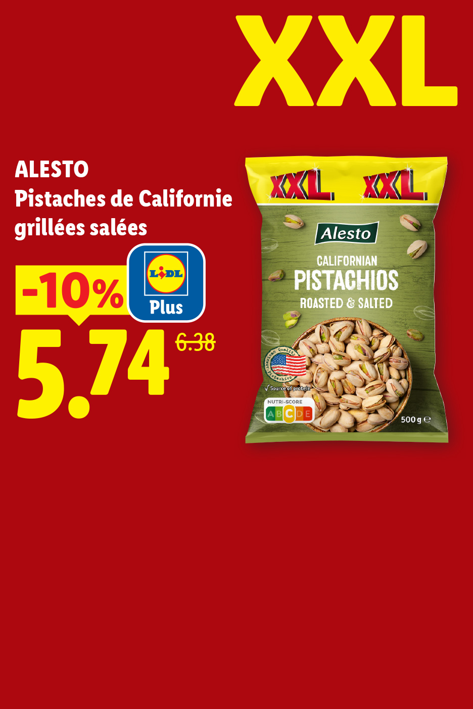 Jeudi 14/05, profitez de Pistaches de Californie grillées salées XXL à 5,74€ grâce à -10% de remise avec Lidl Plus
