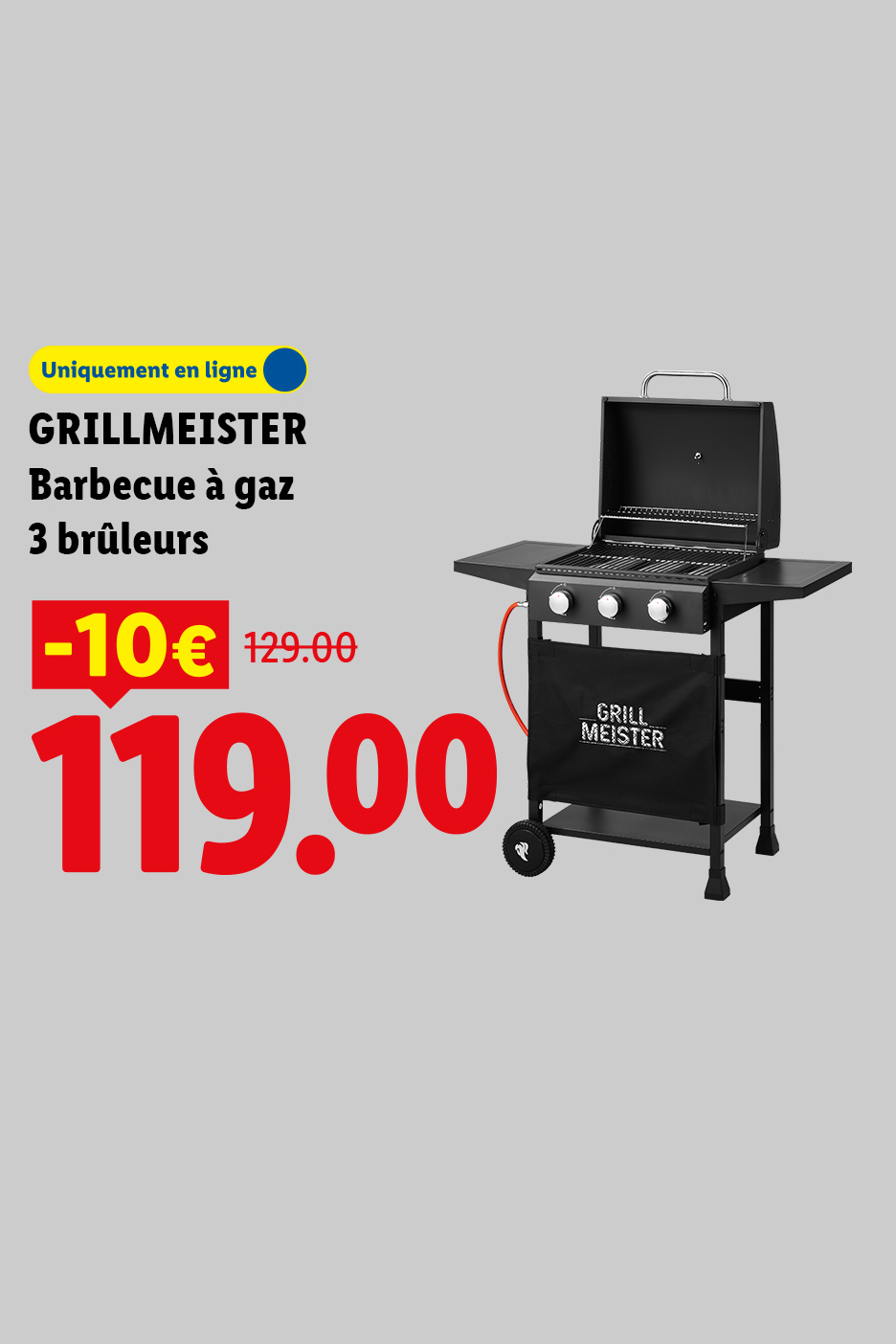 Barbecue à gaz noir à 3 brûleurs avec une réduction de 10€, prix final 119.00€.