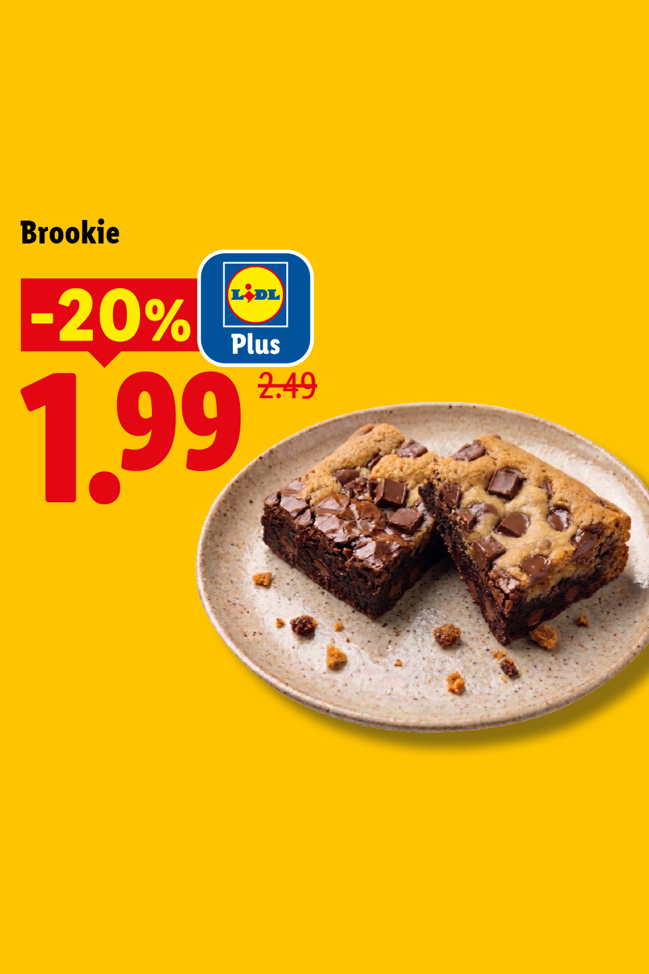 Deux brookies sur une assiette, avec une réduction de 20% à 1,99 € au lieu de 2,49 €.