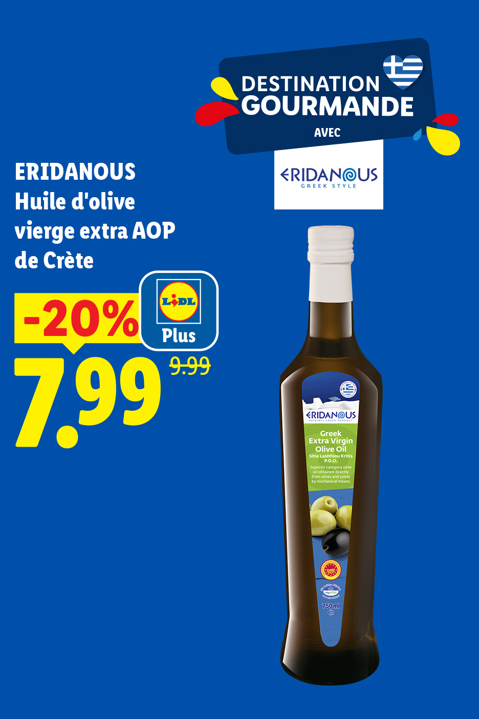 Bouteille d'huile d'olive extra vierge grecque en promotion, avec une réduction de 20%.