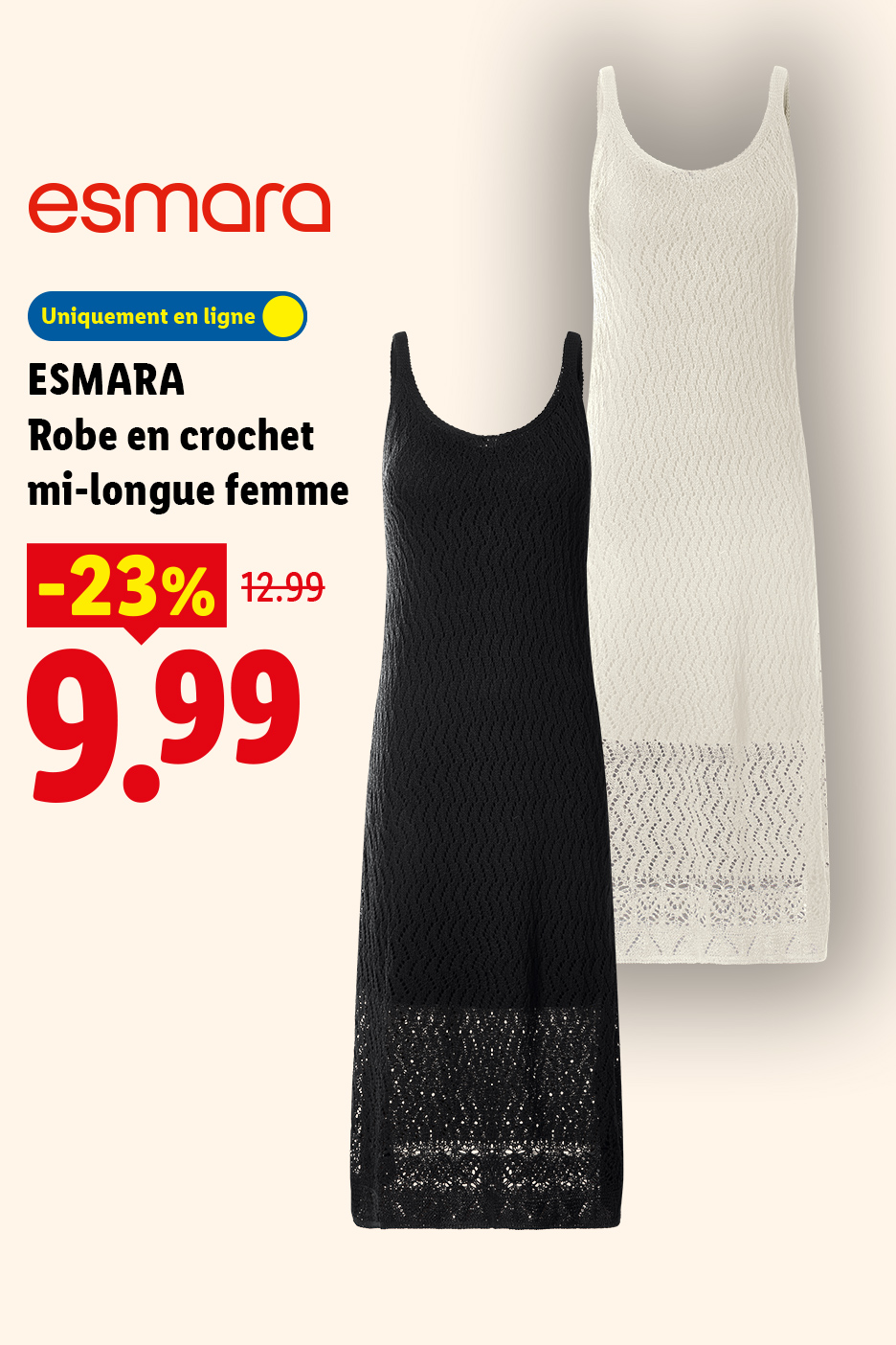 Deux robes mi-longues en crochet, une noire et une crème, avec une réduction de 23%.