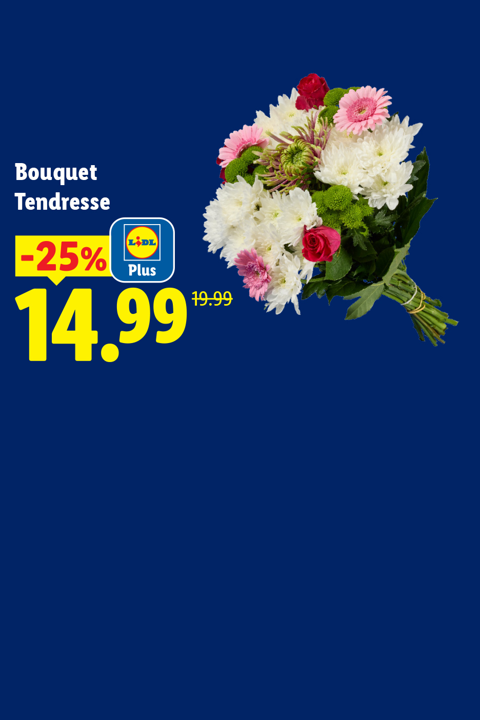 Le 28/05, profitez d'une remise de -25% sur votre bouquet Tendresse avec Lidl Plus, soit 14,99€