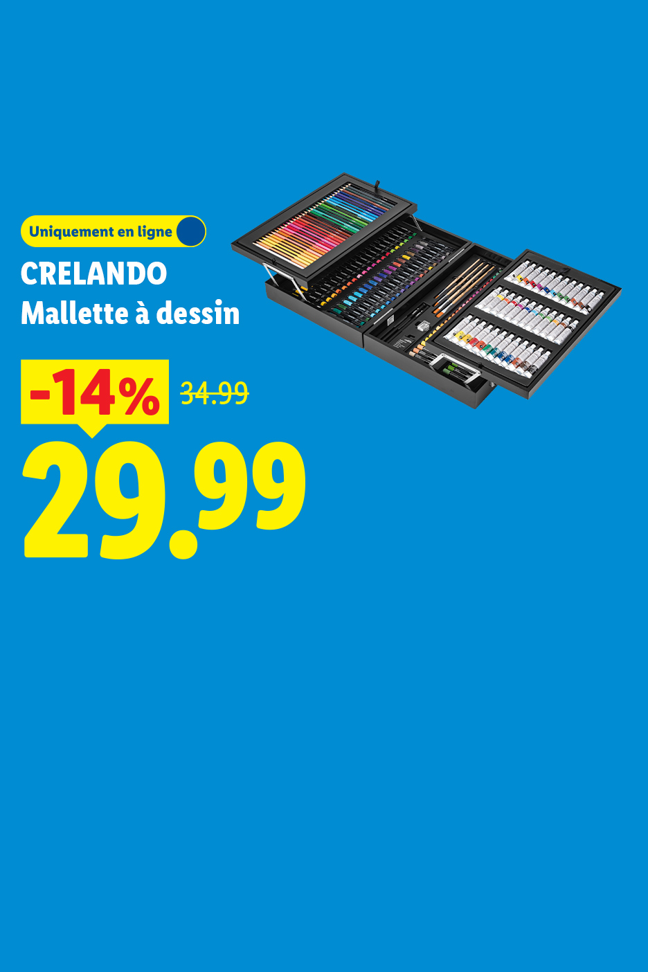 Mallette de dessin avec crayons de couleur, feutres, pinceaux et tubes de peinture, en promotion à 29,99 €.