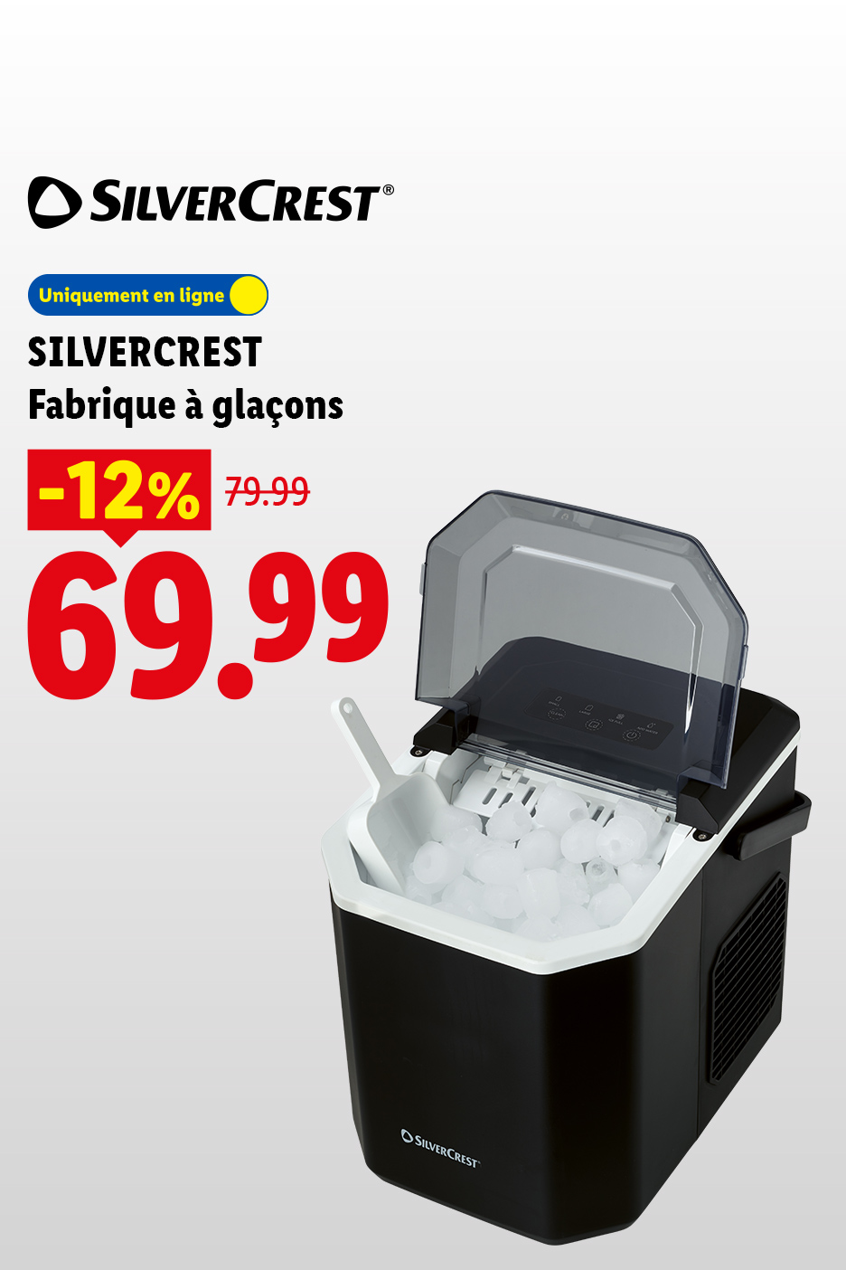 Machine à glaçons noire avec une pelle, remplie de glaçons, en promotion à 69,99 €.