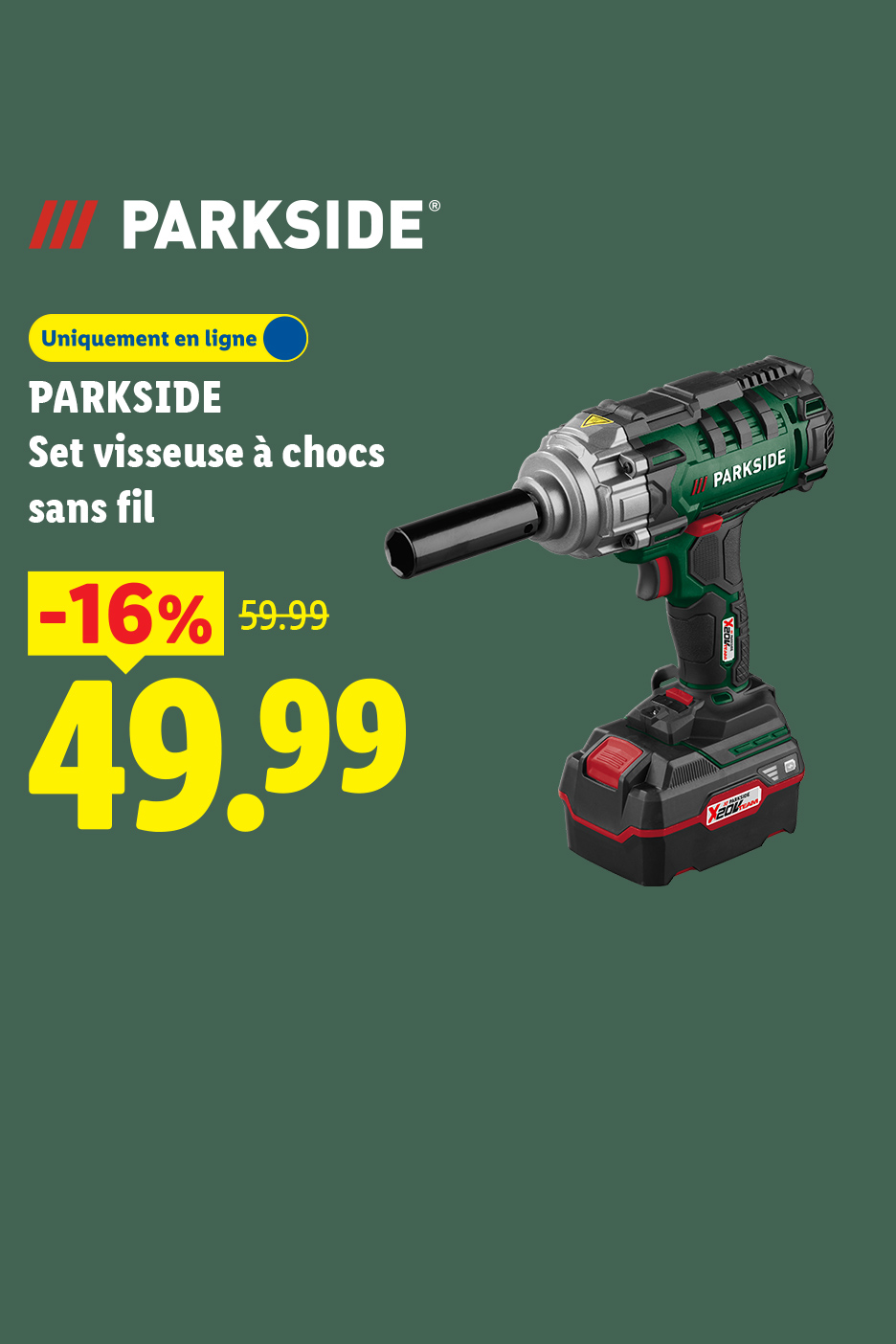 Un ensemble de visseuse à chocs sans fil, affichant une réduction de 16% à 49,99€ au lieu de 59,99€.