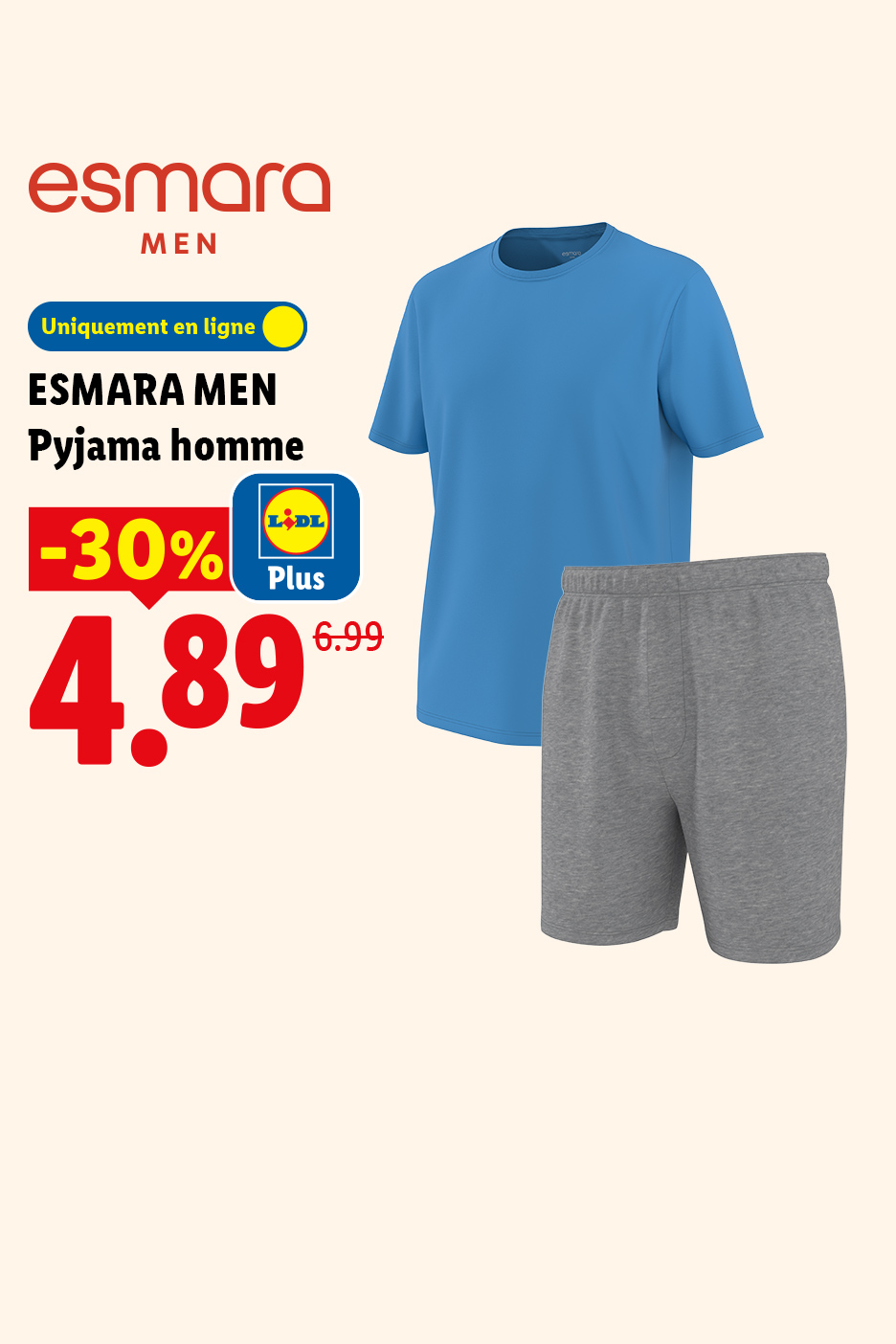 Pyjama homme bleu et gris avec une réduction de 30%.