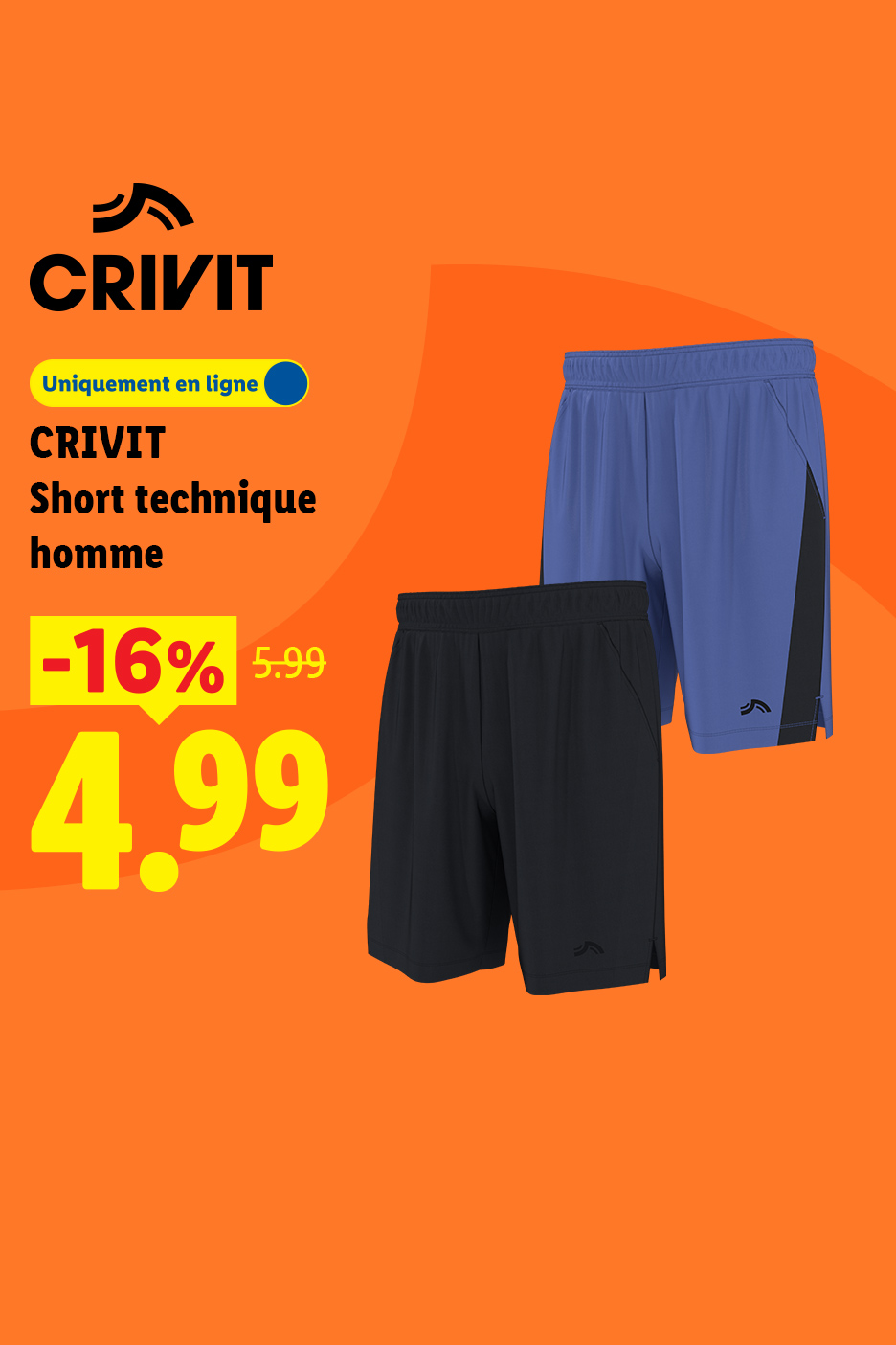 Shorts techniques pour homme, noir et bleu, avec une réduction de 16%.