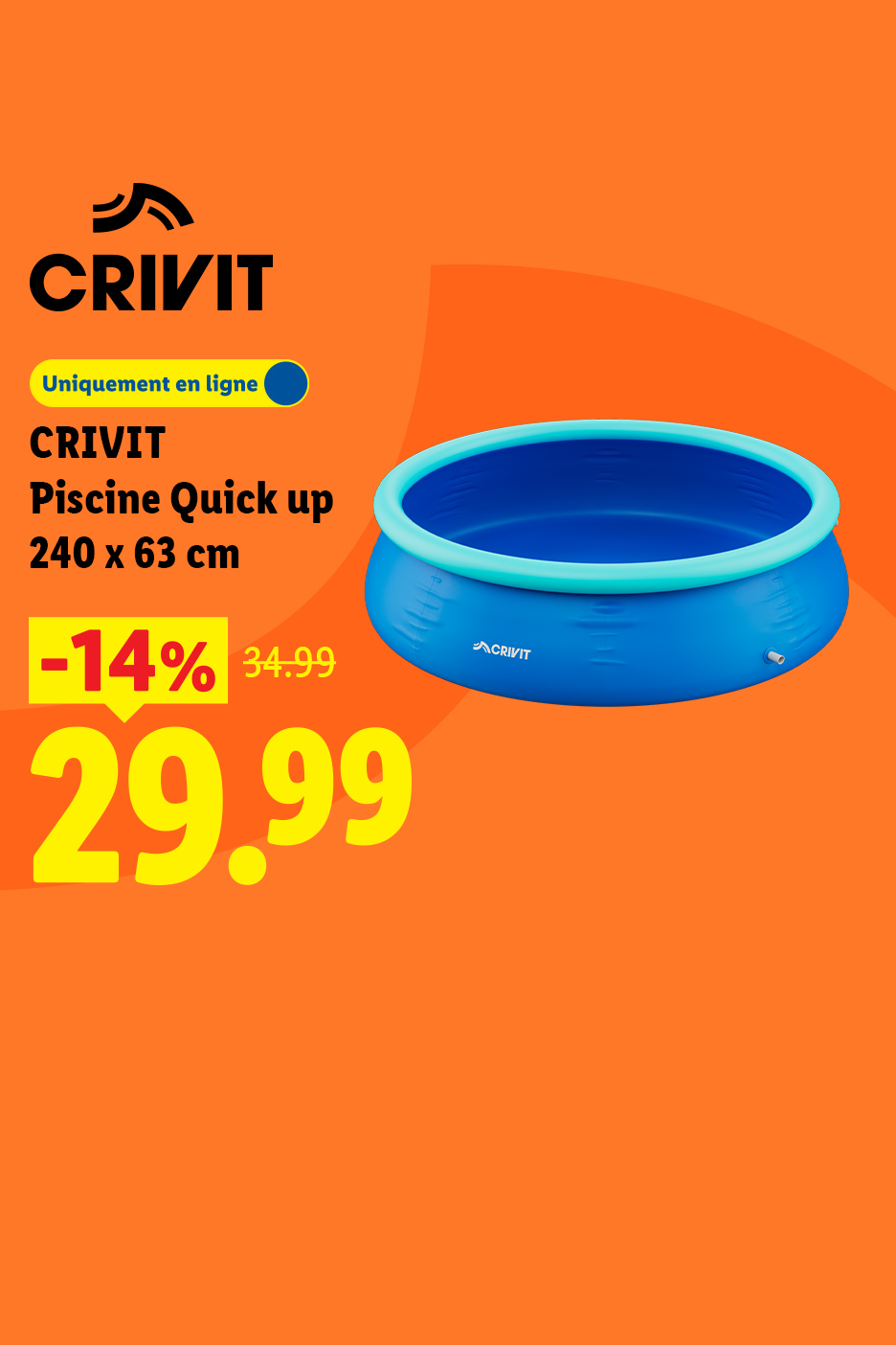 Piscine gonflable bleue avec une réduction de 14%, passant de 34,99 à 29,99.