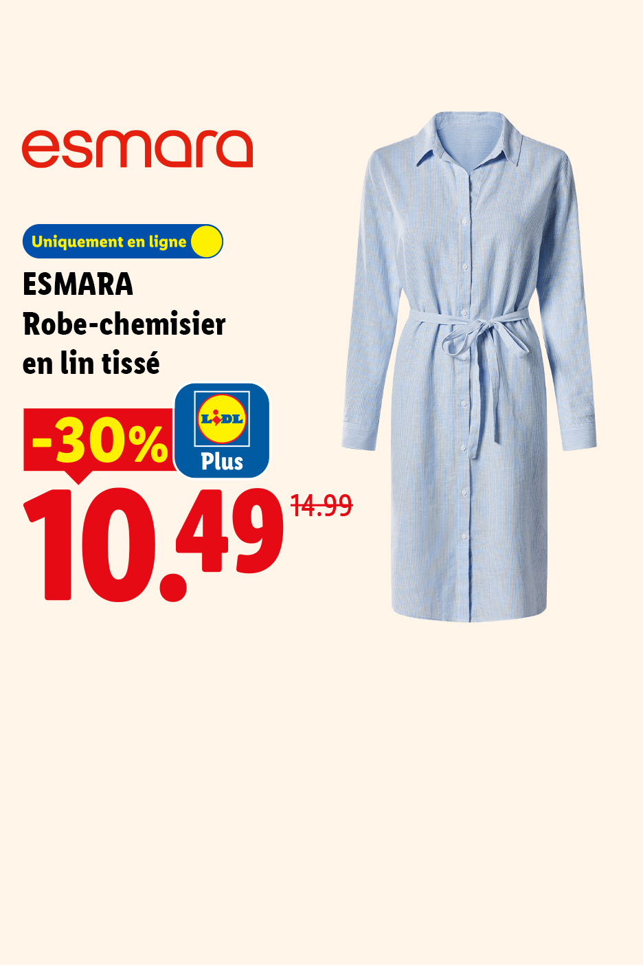 Robe-chemisier en lin tissé bleu clair à rayures, avec une ceinture, en promotion à 10,49 € avec Lidl Plus.