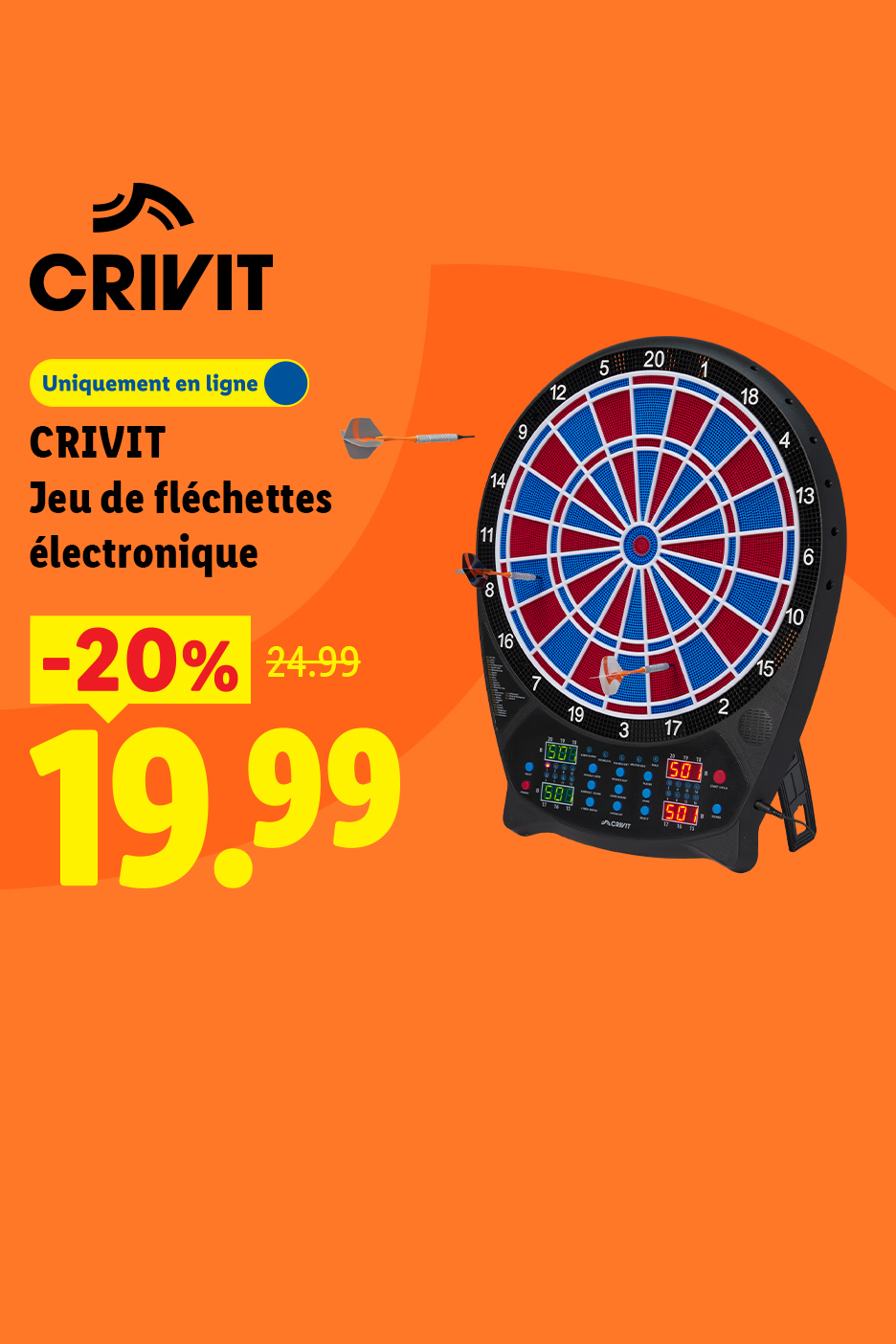 Jeu de fléchettes électronique avec une réduction de 20%, passant de 24,99 à 19,99.