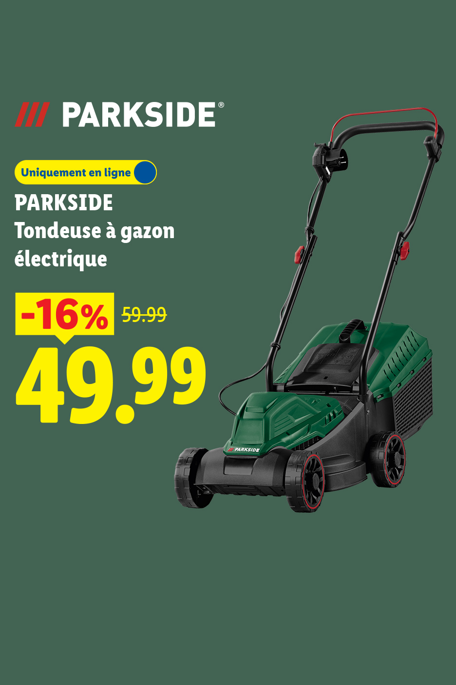 Tondeuse à gazon électrique verte et noire, avec une réduction de 16% affichant 49,99.