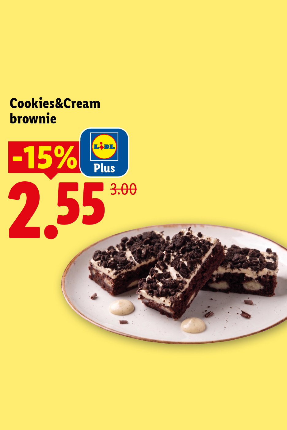 Jusqu'au 21/06, profitez de -15% avec Lidl Plus sur des Brownie Cookies & Cream en promotion à 2,55€, au lieu de 3,00€