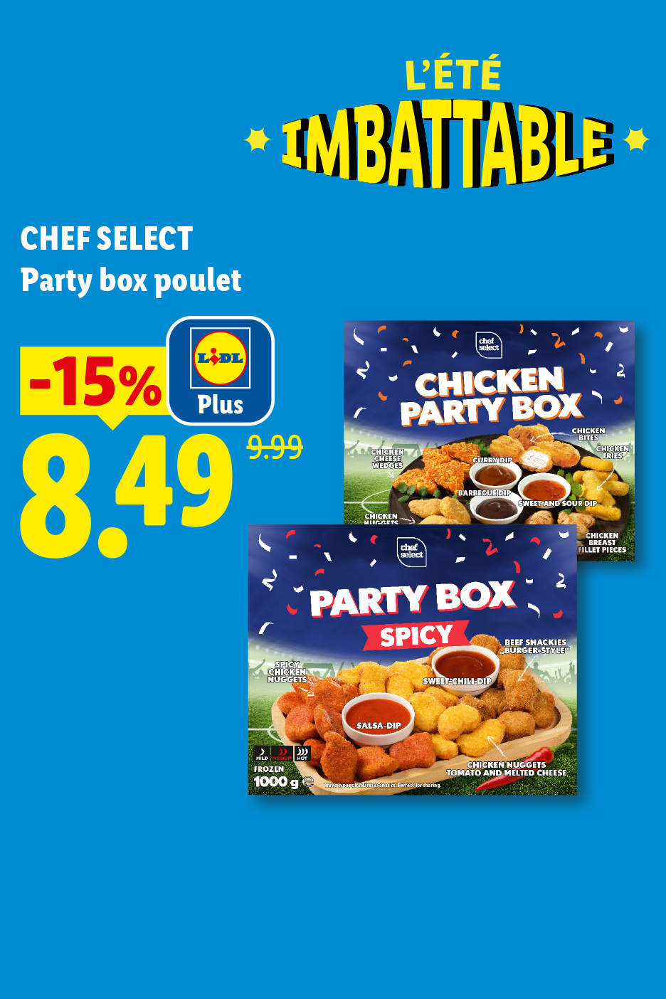 Le 11/06, profitez de -15% avec Lidl Plus sur une Boîte de fête de poulet à 8,49€ au lieu de 9,99€