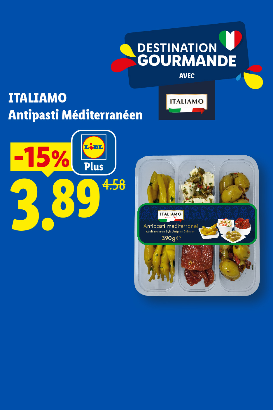 Le 11/06, profitez de -15% avec Lidl Plus sur un Assortiment d'antipasti méditerranéens à 3,89€ au lieu de 4,58€
