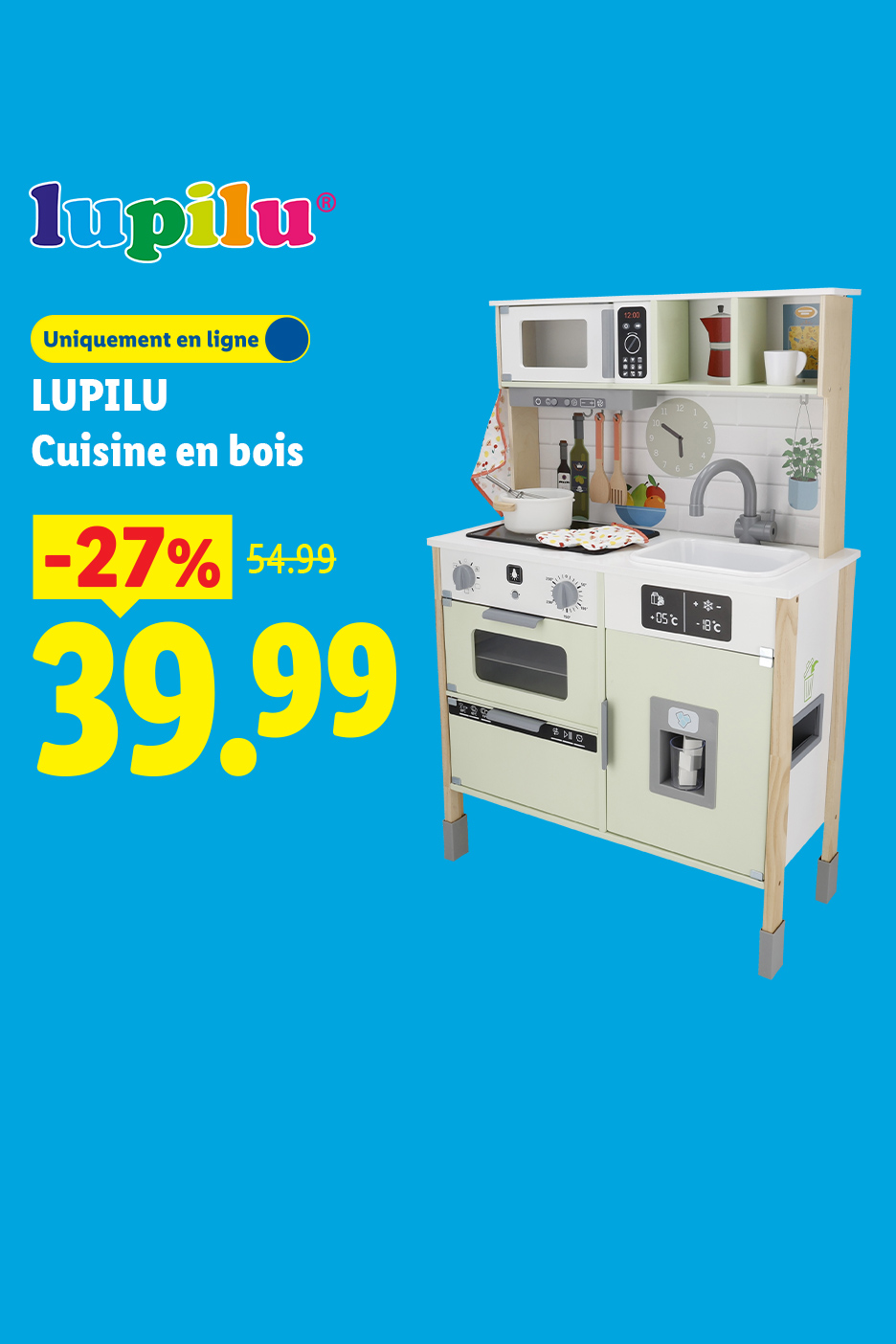 Cuisine en bois pour enfants lupilu, avec une réduction de 27% à 39,99€ au lieu de 54,99€ sur lidl.fr